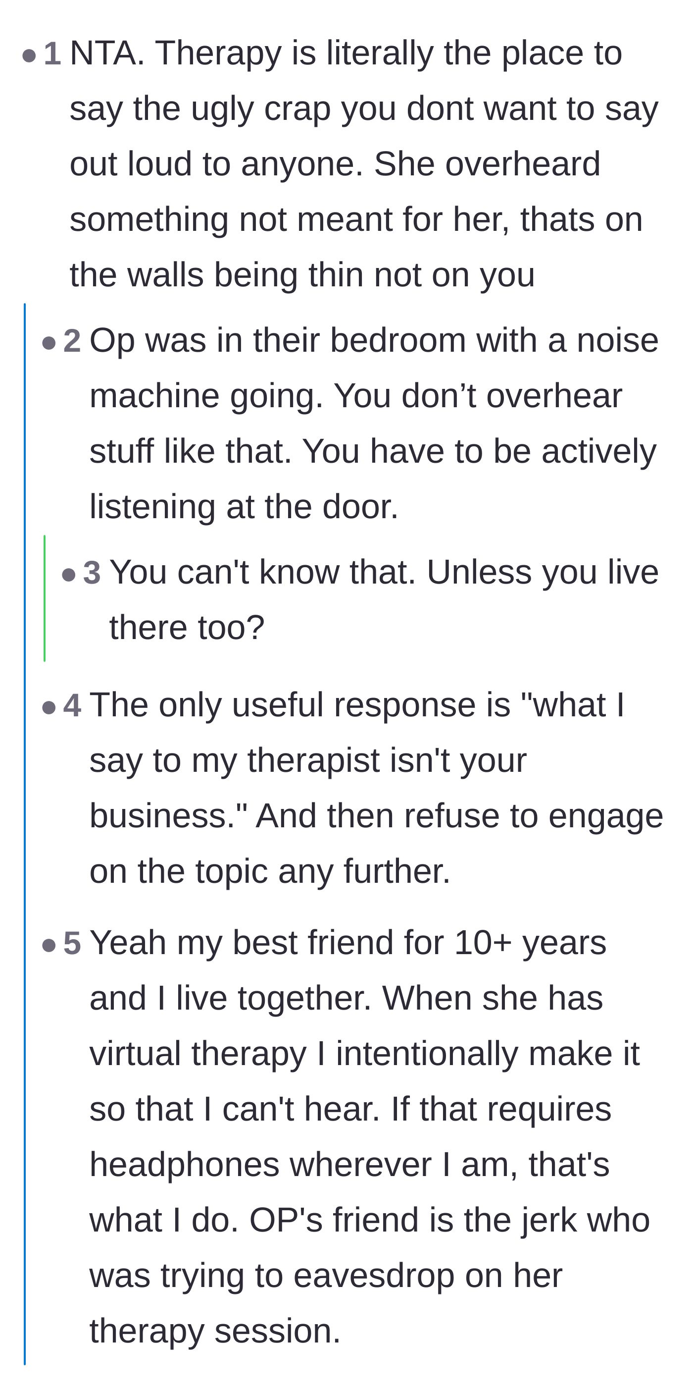 Comment thread 1 - Readers debating the physics of sound machines and accusing the roommate of intentionally listening at the door