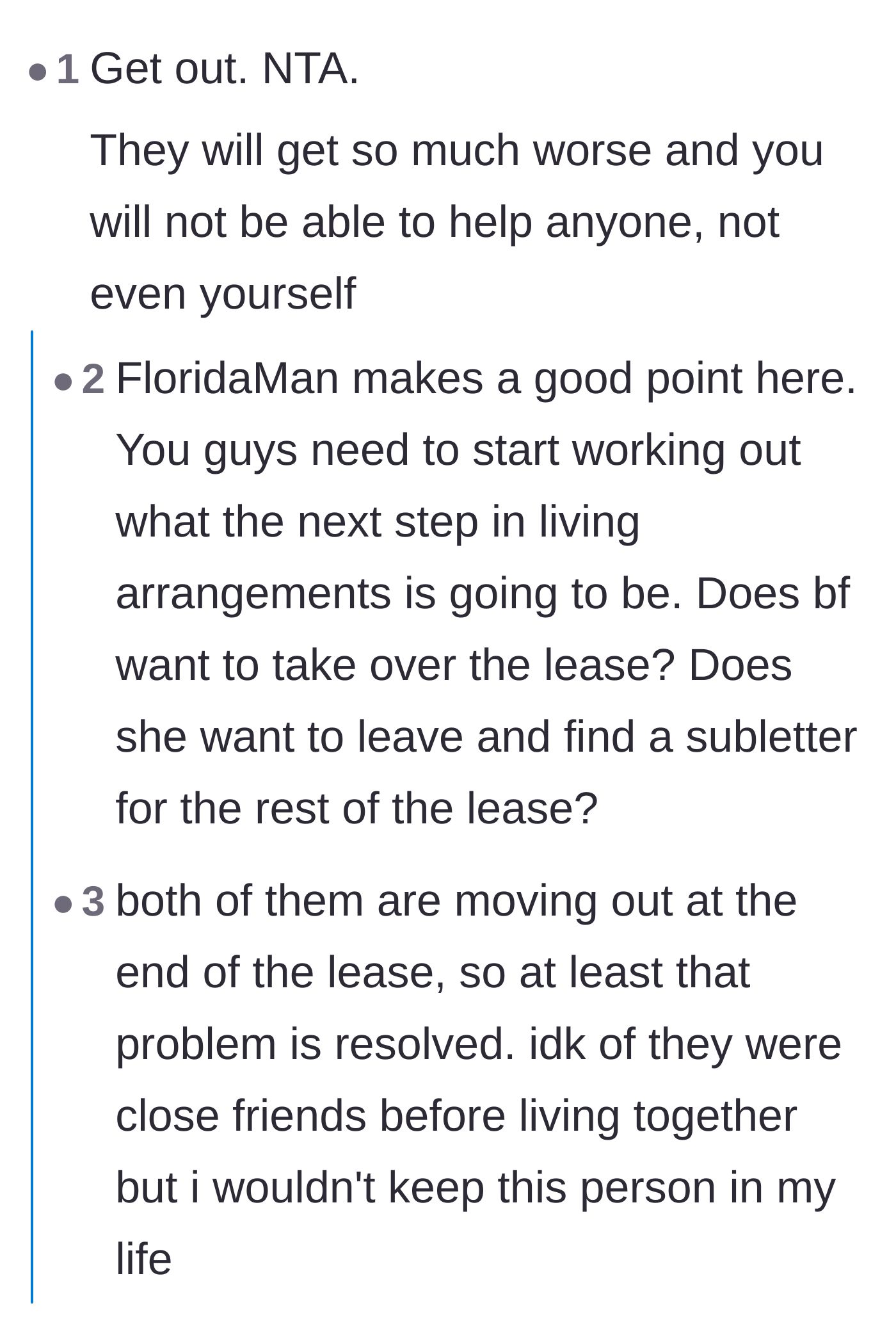 Comment thread 3 - Advice urging the narrator to figure out lease logistics and move out before the baby arrives