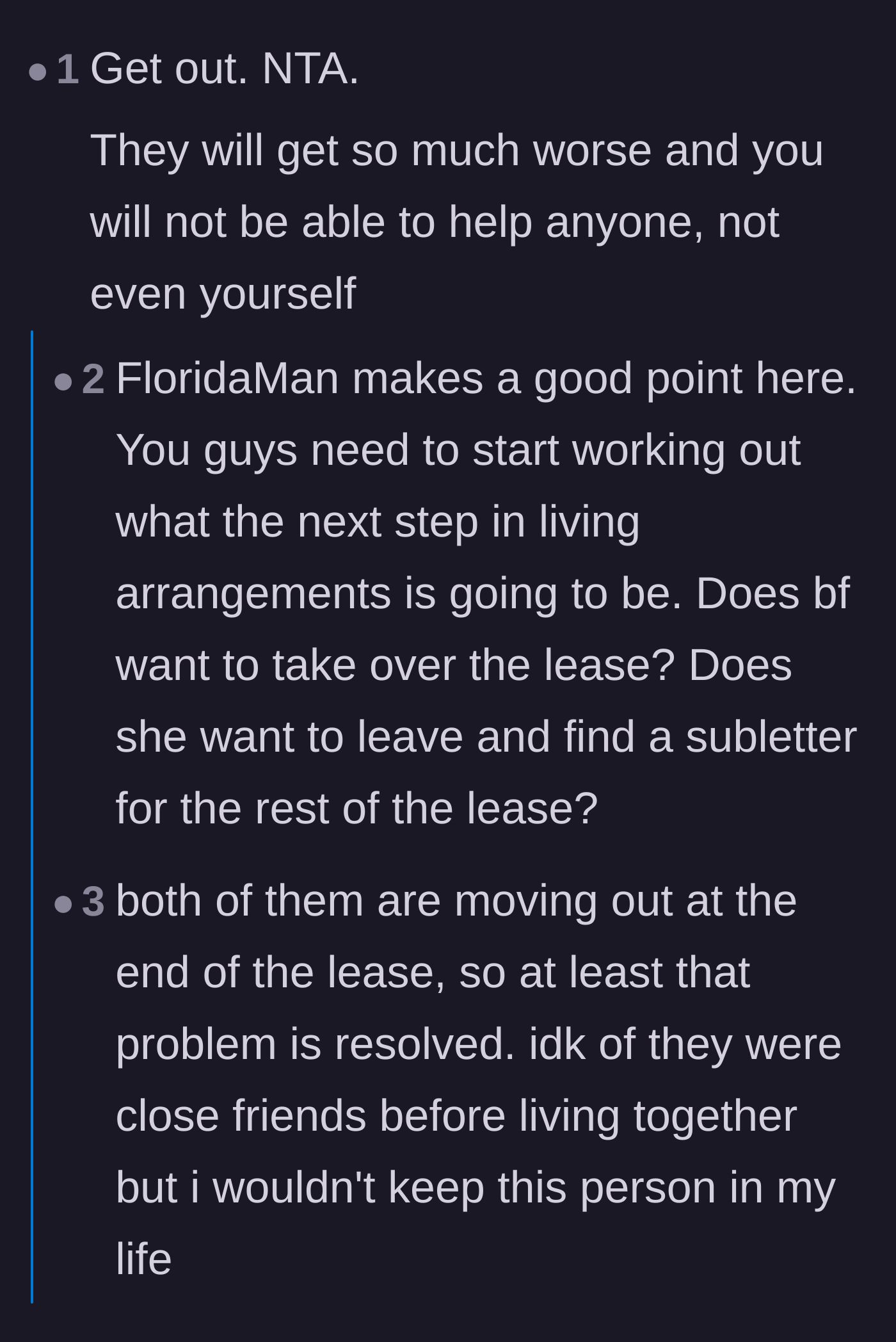 Comment thread 3 - Advice urging the narrator to figure out lease logistics and move out before the baby arrives