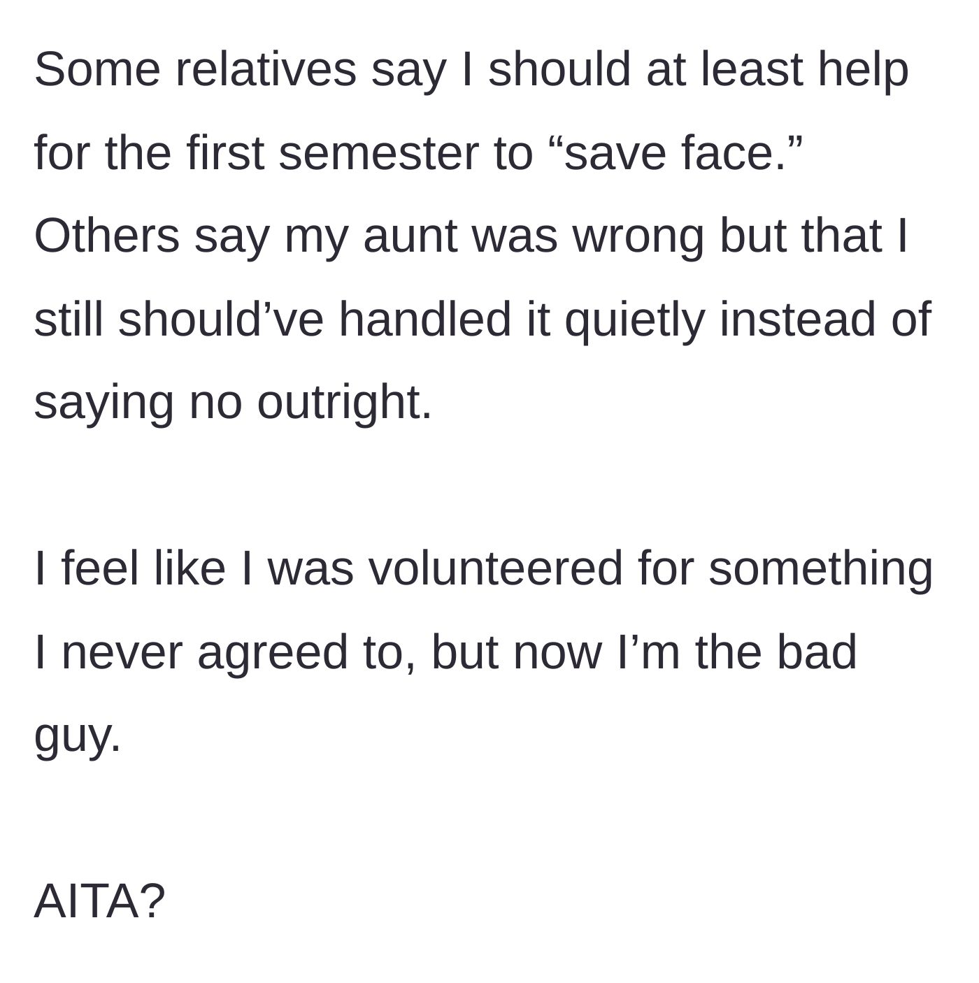 Story part 5 - Relatives pressure the main character to pay for a semester to save face or criticize her for not handling it quietly, leaving her feeling guilty.