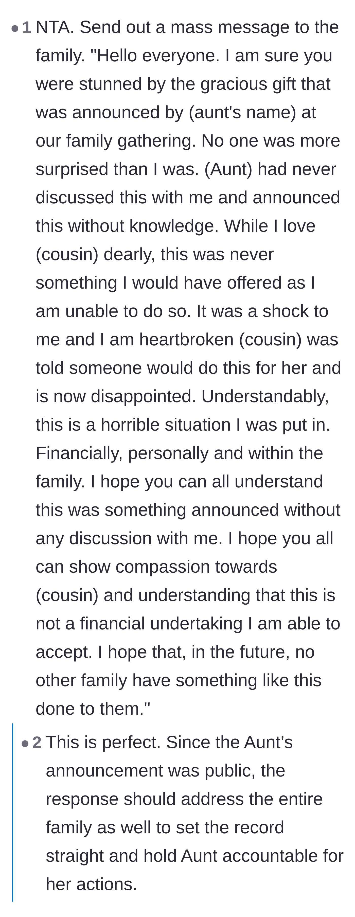 Comment thread 2 - A user drafts a highly professional mass text message for the main character to send the whole family to politely expose the aunt's lie.