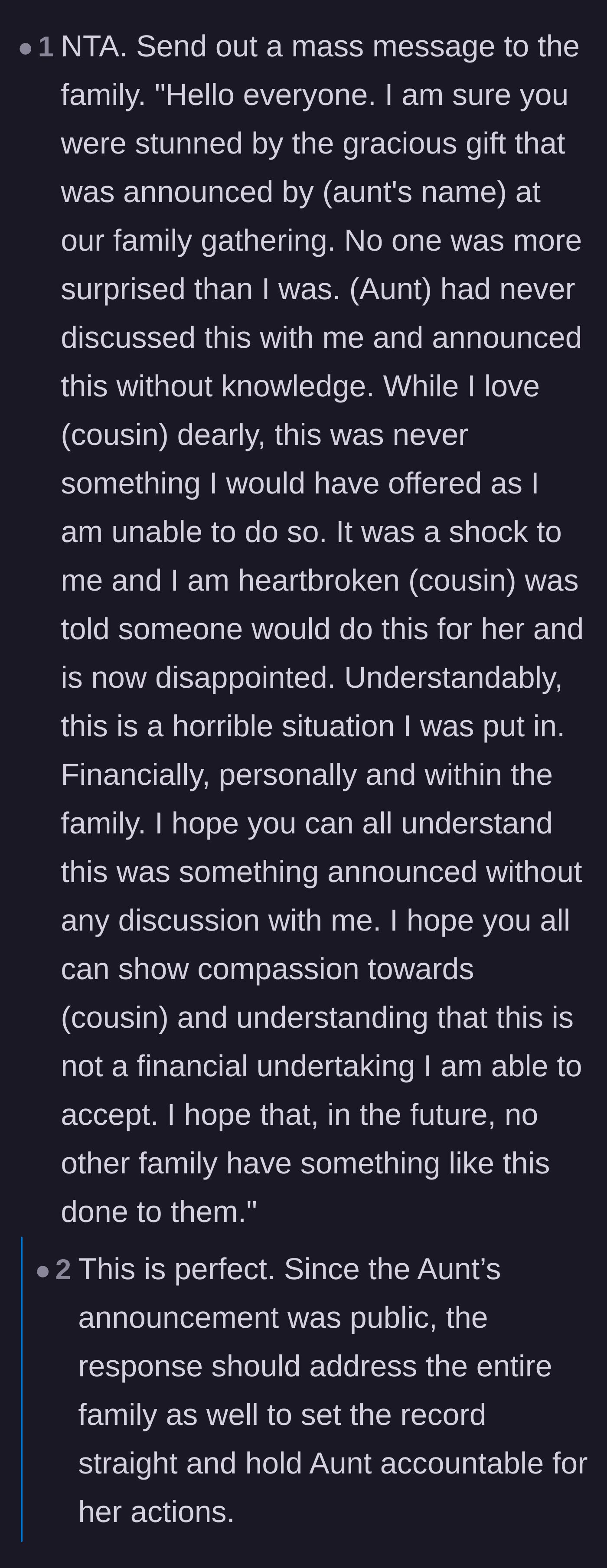 Comment thread 2 - A user drafts a highly professional mass text message for the main character to send the whole family to politely expose the aunt's lie.