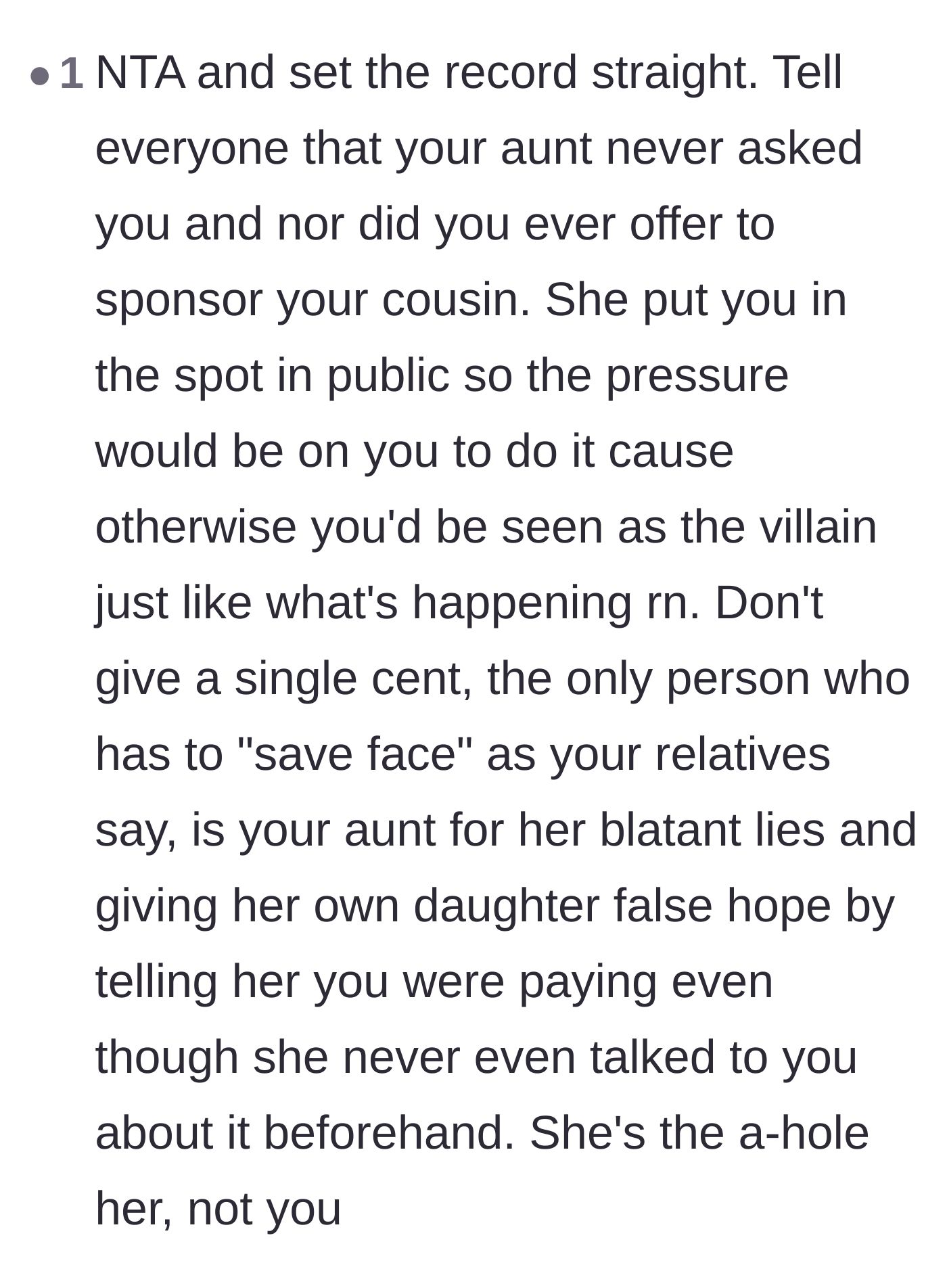 Comment thread 4 - Advice to flip the 'saving face' narrative back onto the aunt, who is the one solely responsible for lying to her daughter.