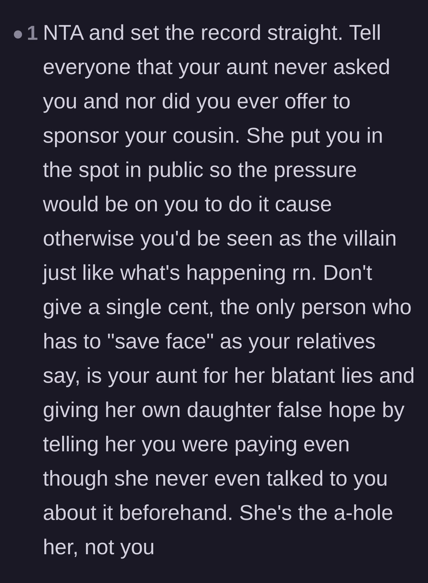 Comment thread 4 - Advice to flip the 'saving face' narrative back onto the aunt, who is the one solely responsible for lying to her daughter.