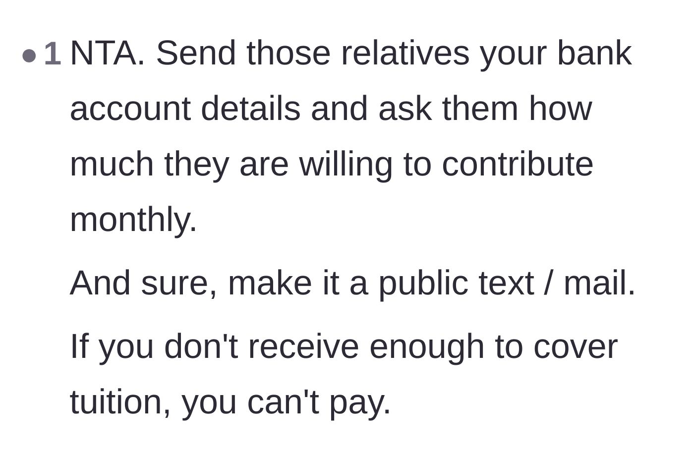 Comment thread 5 - A suggestion to ask the relatives pressuring the main character for their own monthly financial contributions to the tuition fund.
