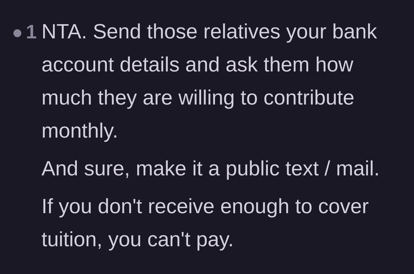 Comment thread 5 - A suggestion to ask the relatives pressuring the main character for their own monthly financial contributions to the tuition fund.
