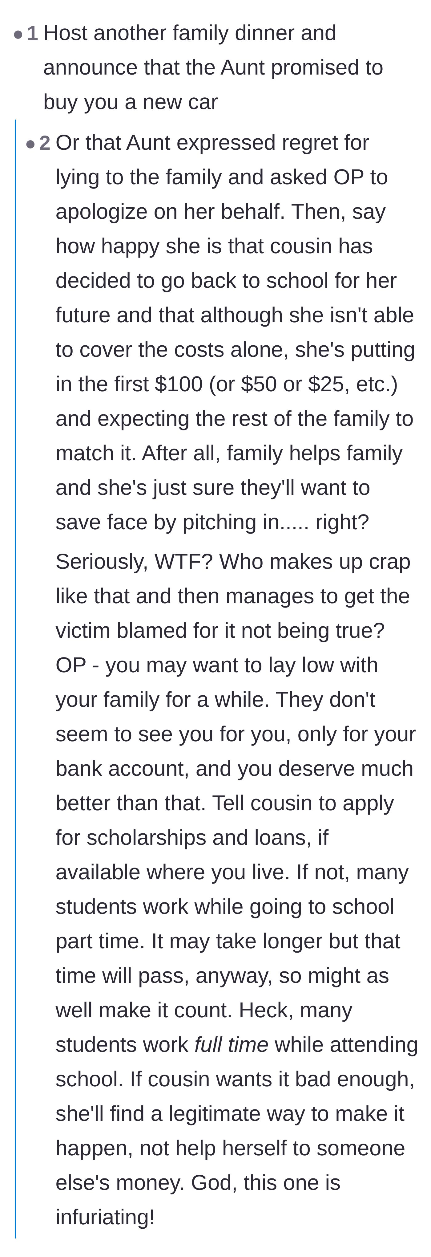 Comment thread 6 - Humorous suggestions to host another dinner and falsely announce the aunt is buying the main character a new car.