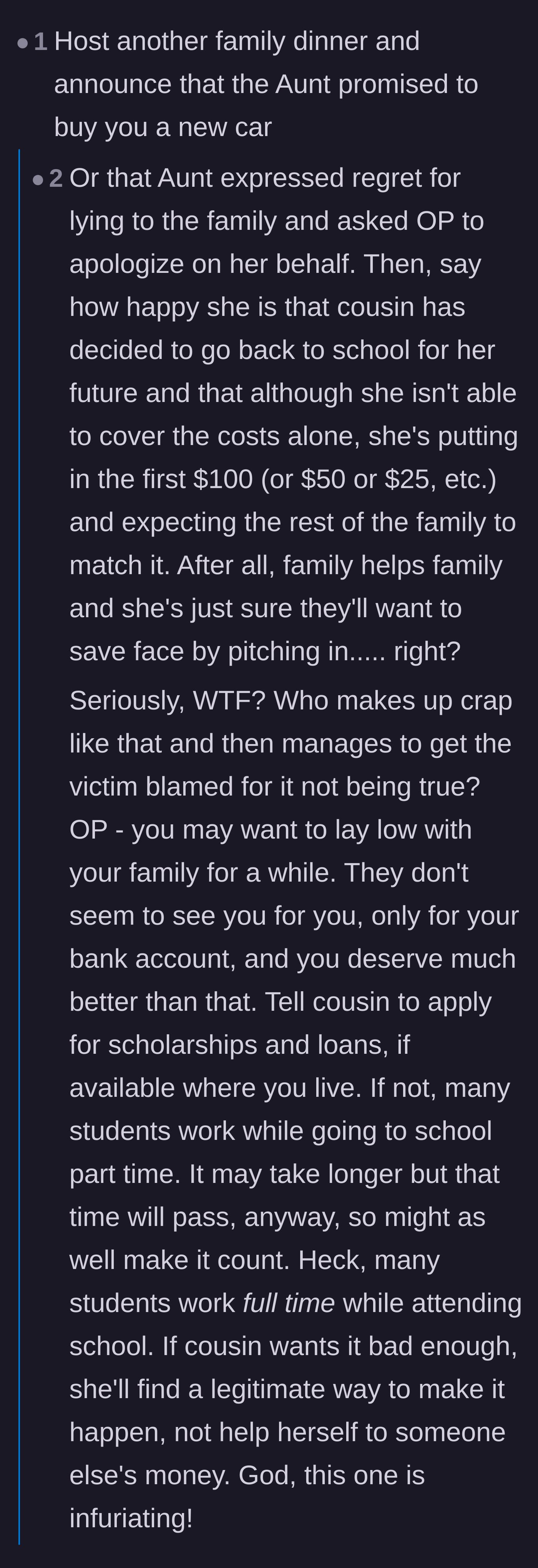 Comment thread 6 - Humorous suggestions to host another dinner and falsely announce the aunt is buying the main character a new car.
