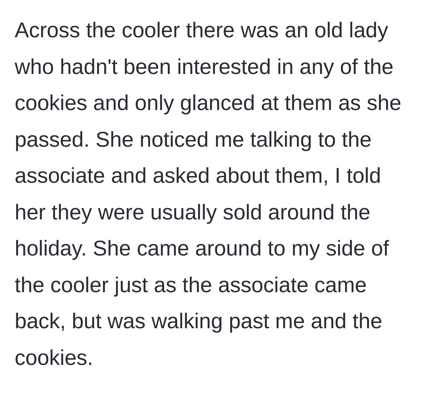 Story part 3 - An older woman nearby notices the interaction and approaches the cooler.
