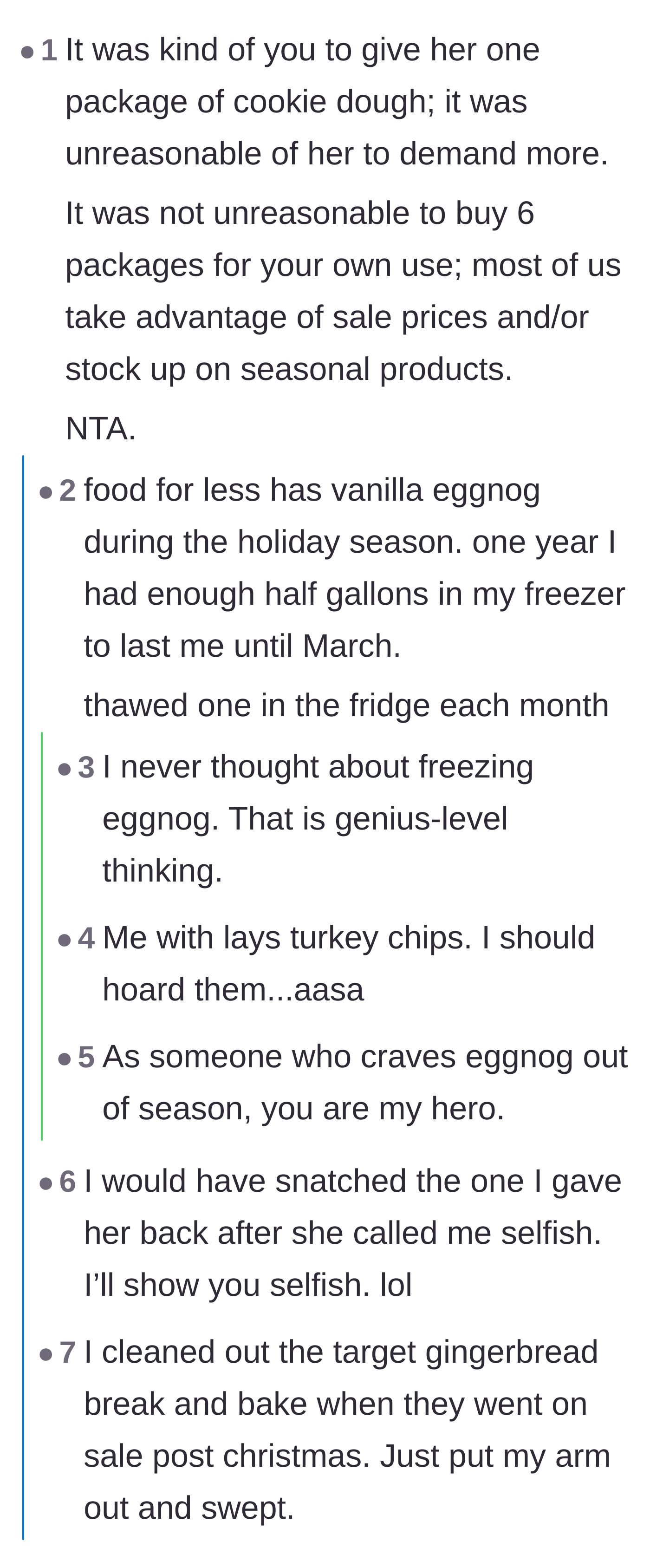 Comment thread 1 - Validation for stocking up on seasonal groceries and tips for freezing seasonal treats.