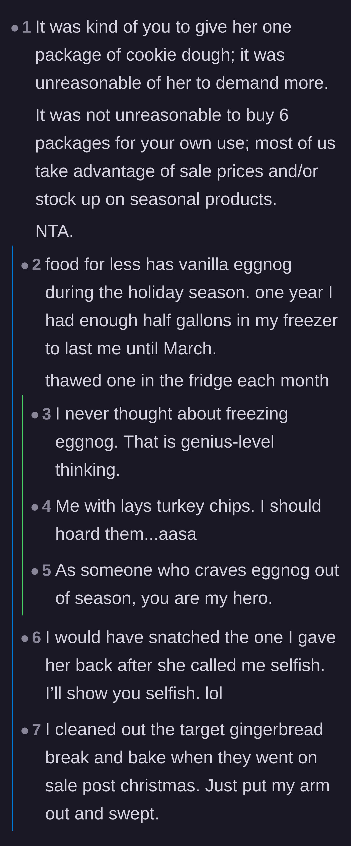Comment thread 1 - Validation for stocking up on seasonal groceries and tips for freezing seasonal treats.