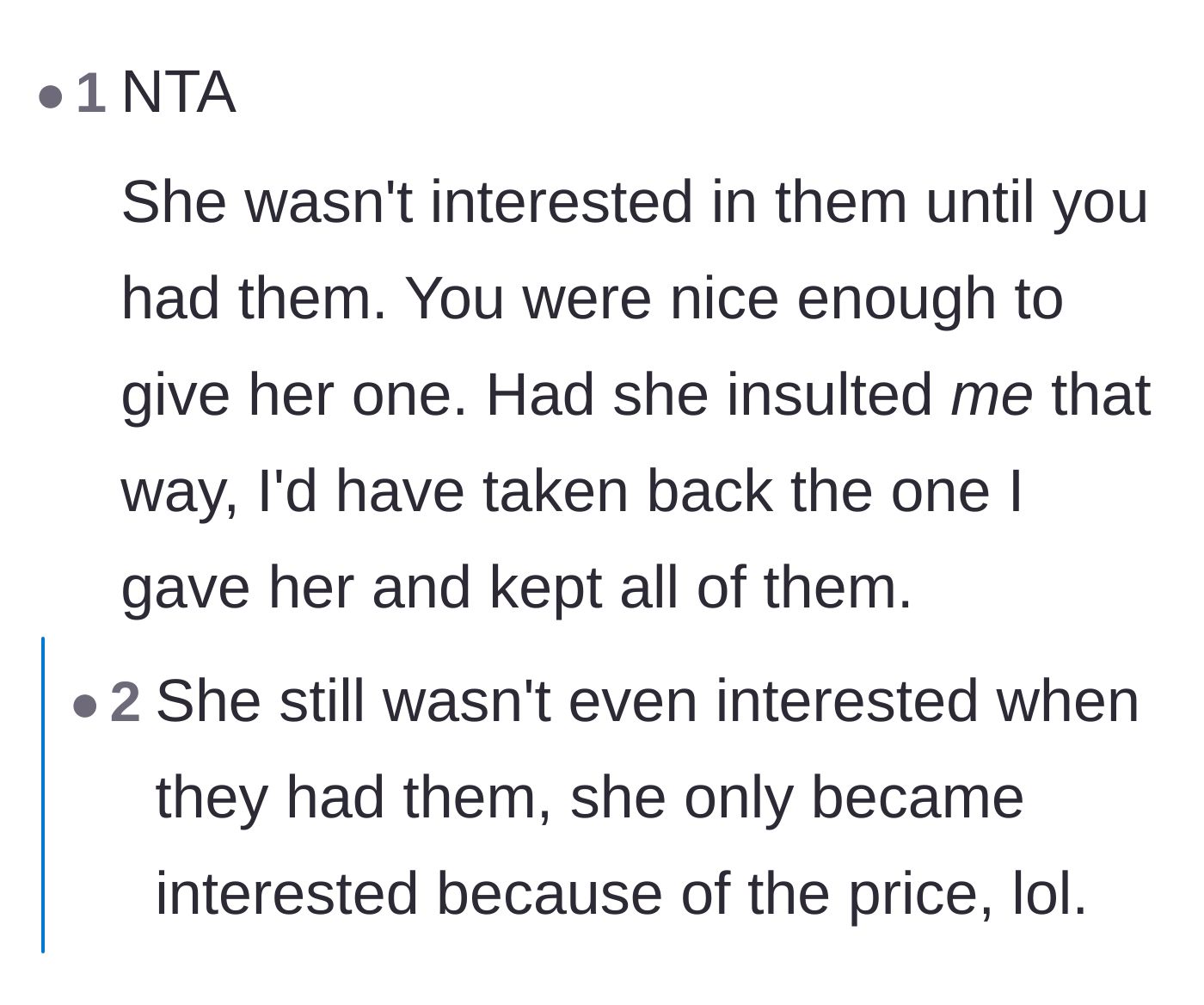 Comment thread 5 - Emphasizing the older woman's purely opportunistic behavior based on the sale price.