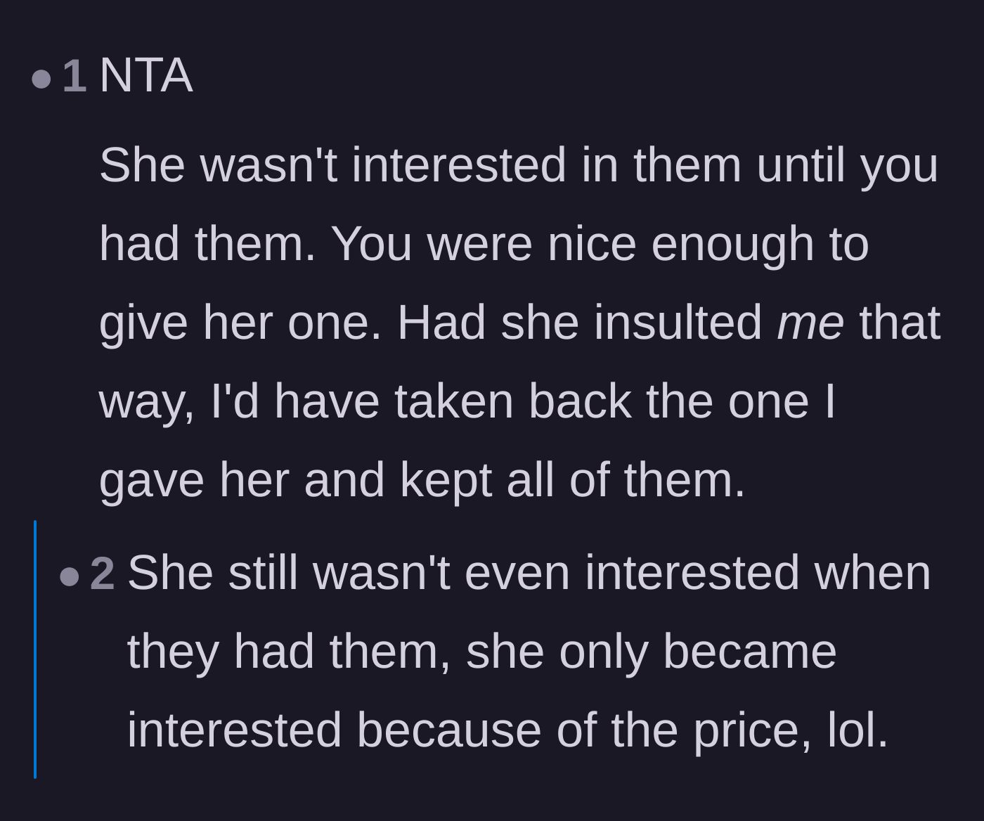 Comment thread 5 - Emphasizing the older woman's purely opportunistic behavior based on the sale price.