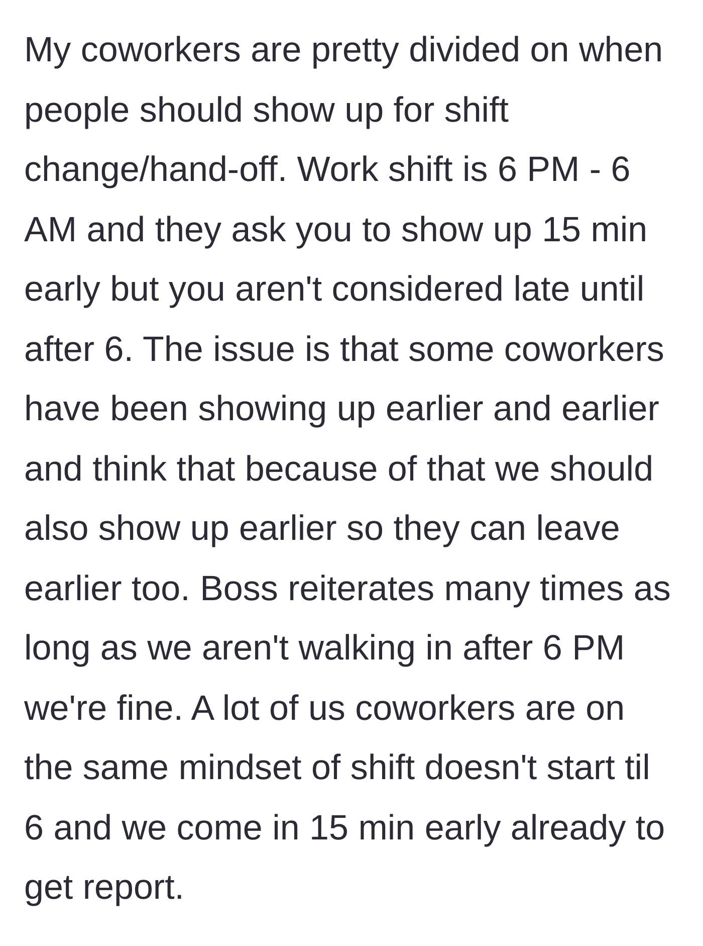 Story part 1 - A clock showing a 6 PM start time, contrasting with coworkers creeping into the office earlier and earlier.