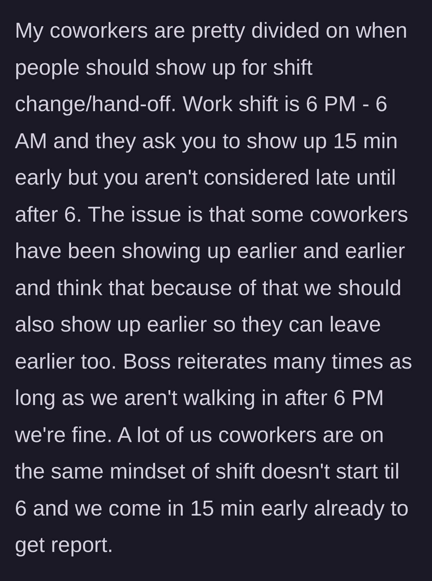 Story part 1 - A clock showing a 6 PM start time, contrasting with coworkers creeping into the office earlier and earlier.