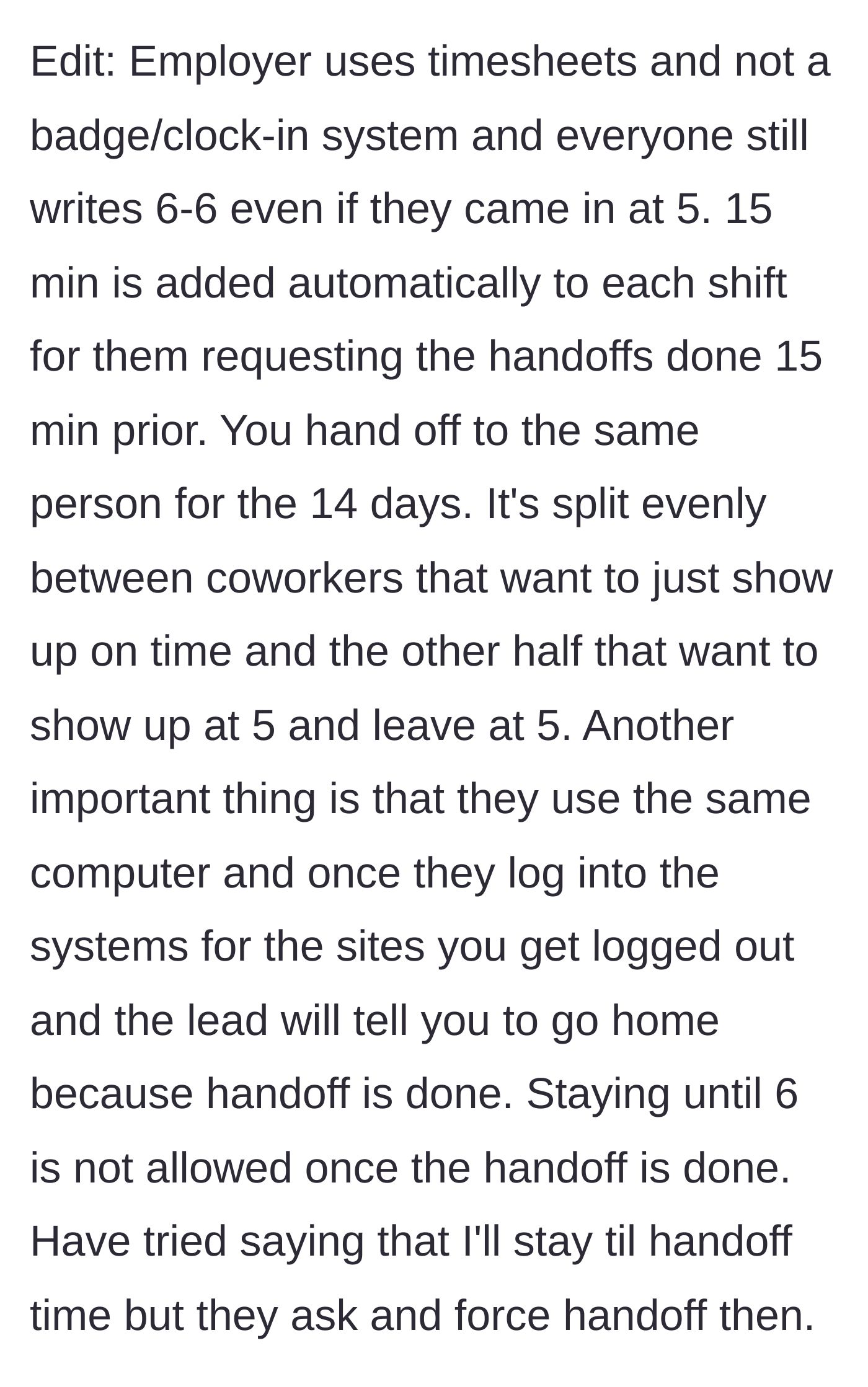 Story part 5 - A computer screen logging one user out automatically as another logs in, alongside a timesheet reading 6 to 6.