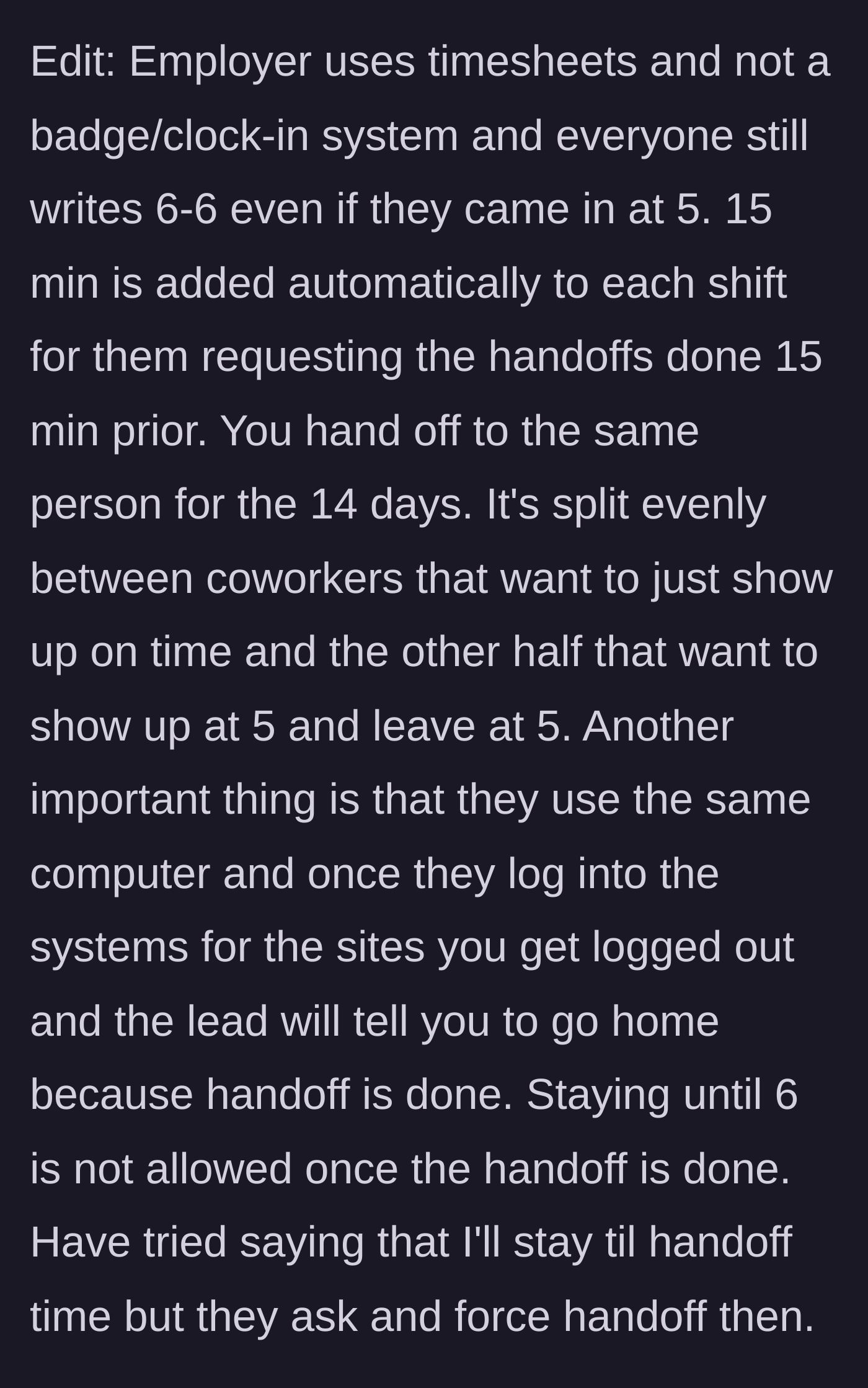 Story part 5 - A computer screen logging one user out automatically as another logs in, alongside a timesheet reading 6 to 6.