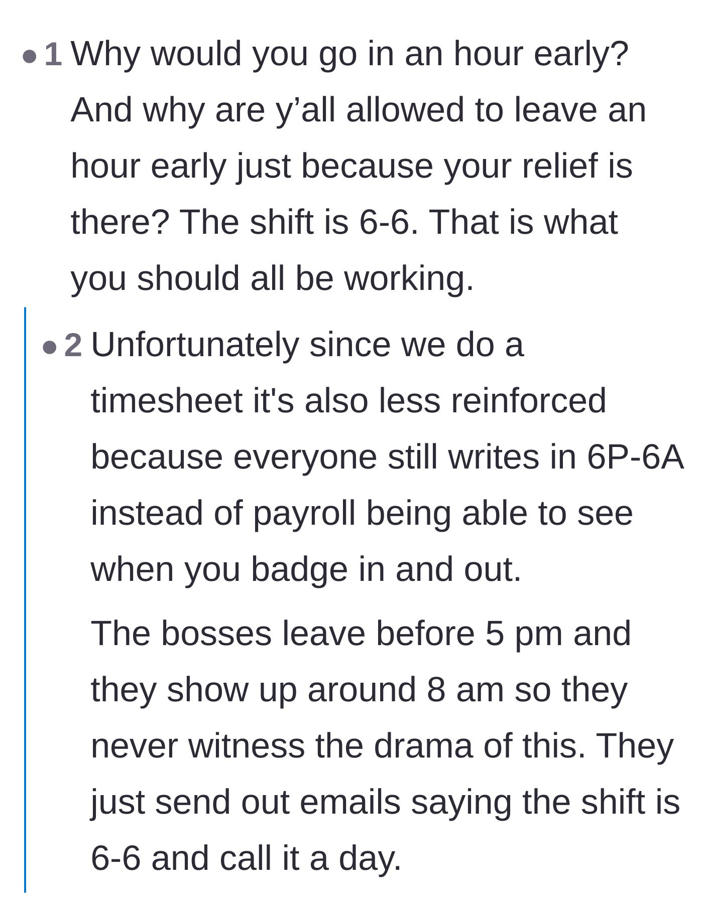 Comment thread 1 - A discussion about the severe legal and insurance liabilities of falsifying timesheets to hide the unofficial 5-to-5 schedule.