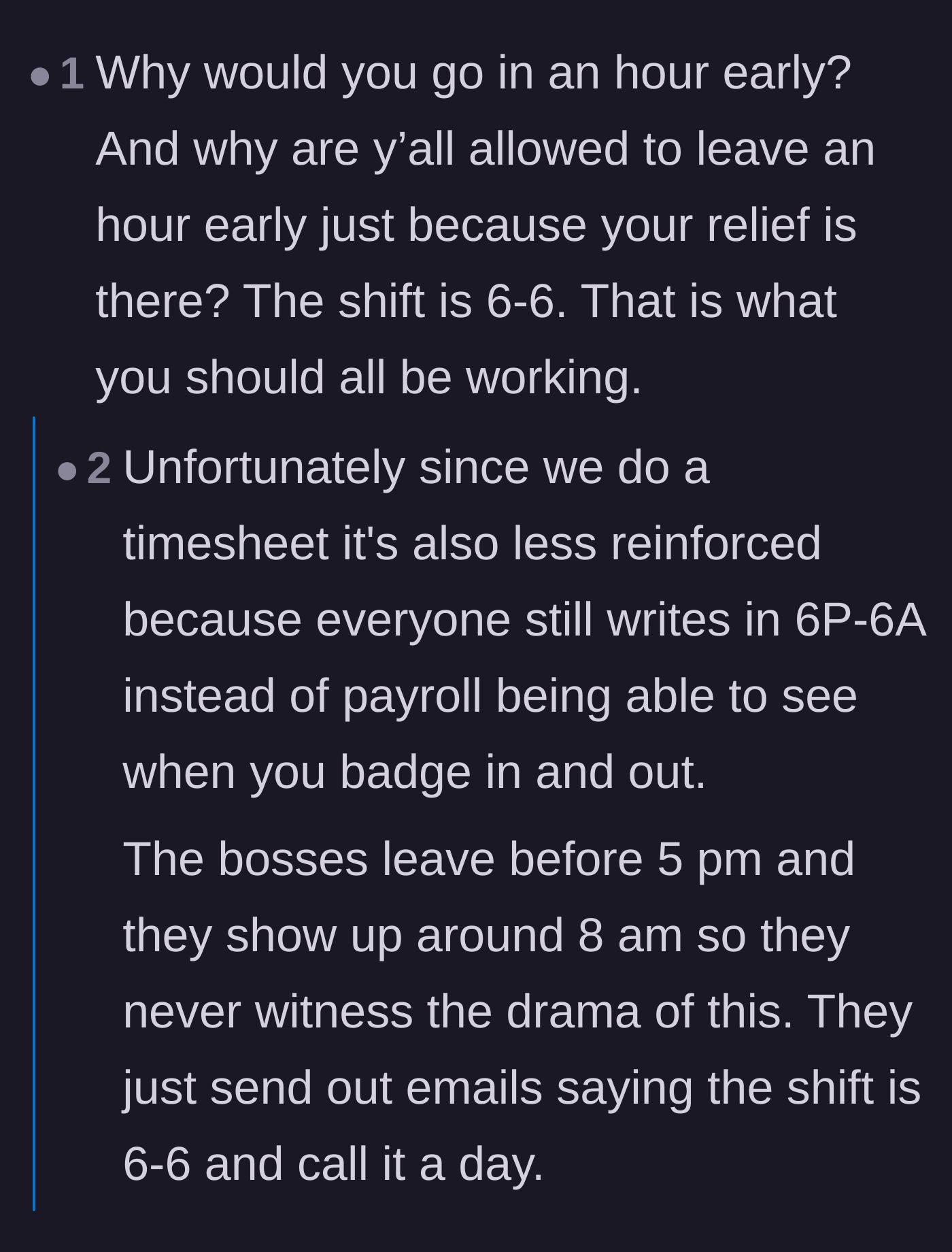 Comment thread 1 - A discussion about the severe legal and insurance liabilities of falsifying timesheets to hide the unofficial 5-to-5 schedule.