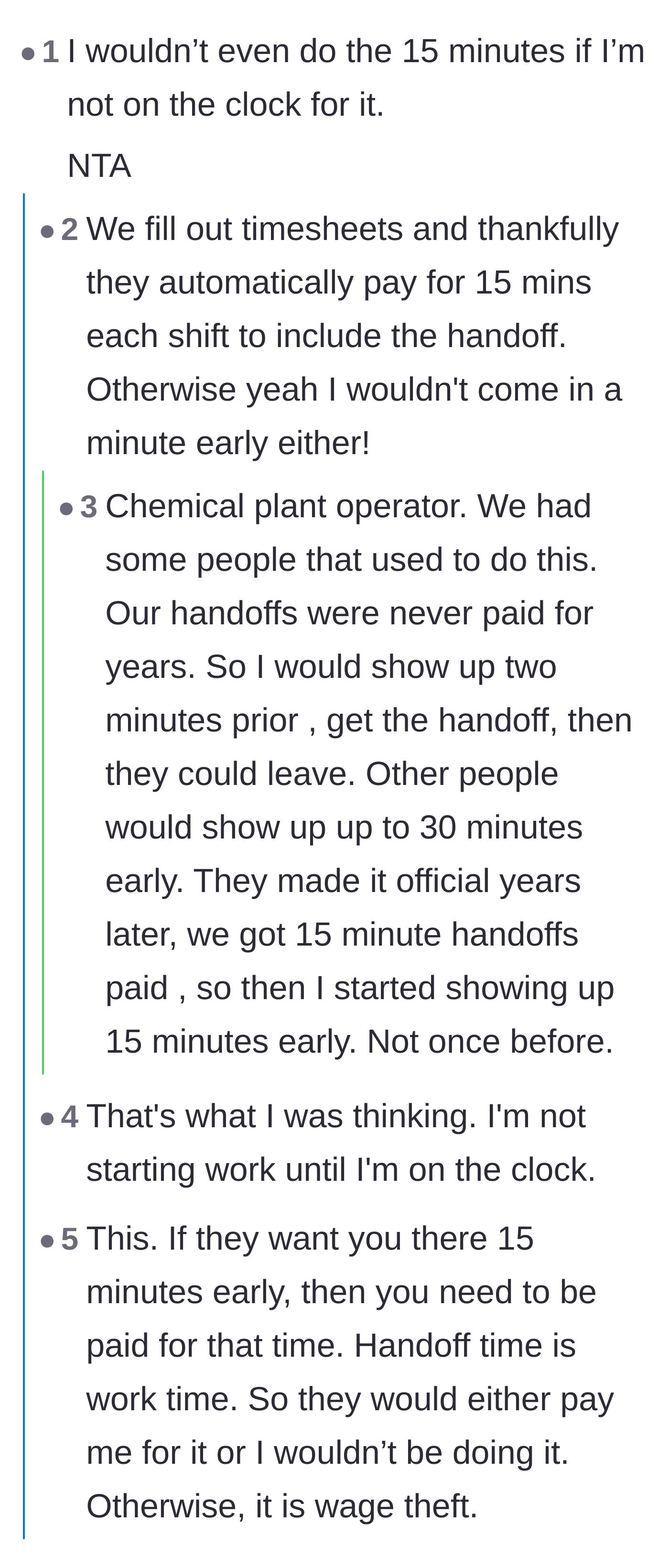 Comment thread 2 - A debate sharing stories about class-action lawsuits over unpaid prep time and strict laws against wage theft.