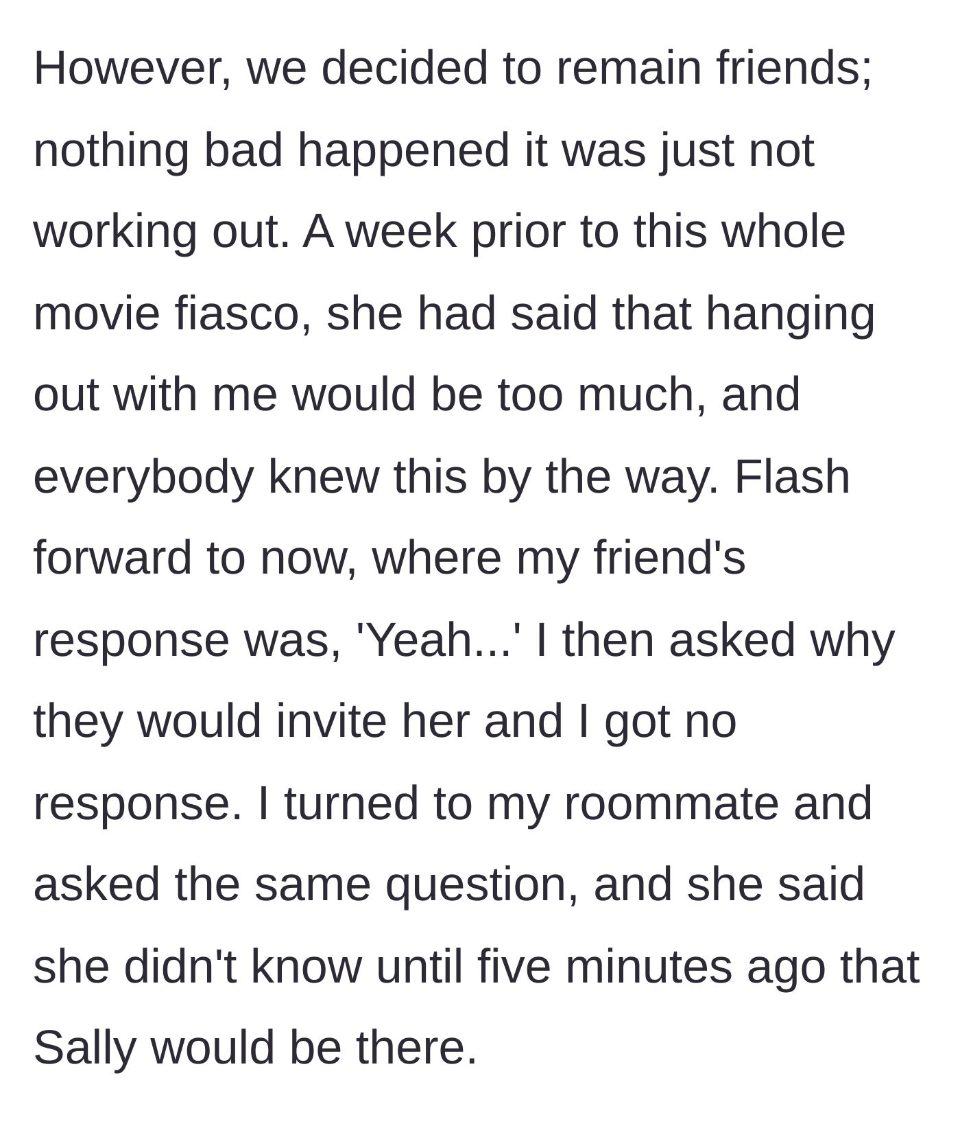 Story part 4 - Friends confirming the ex is coming, despite the group knowing the ex recently asked for space.