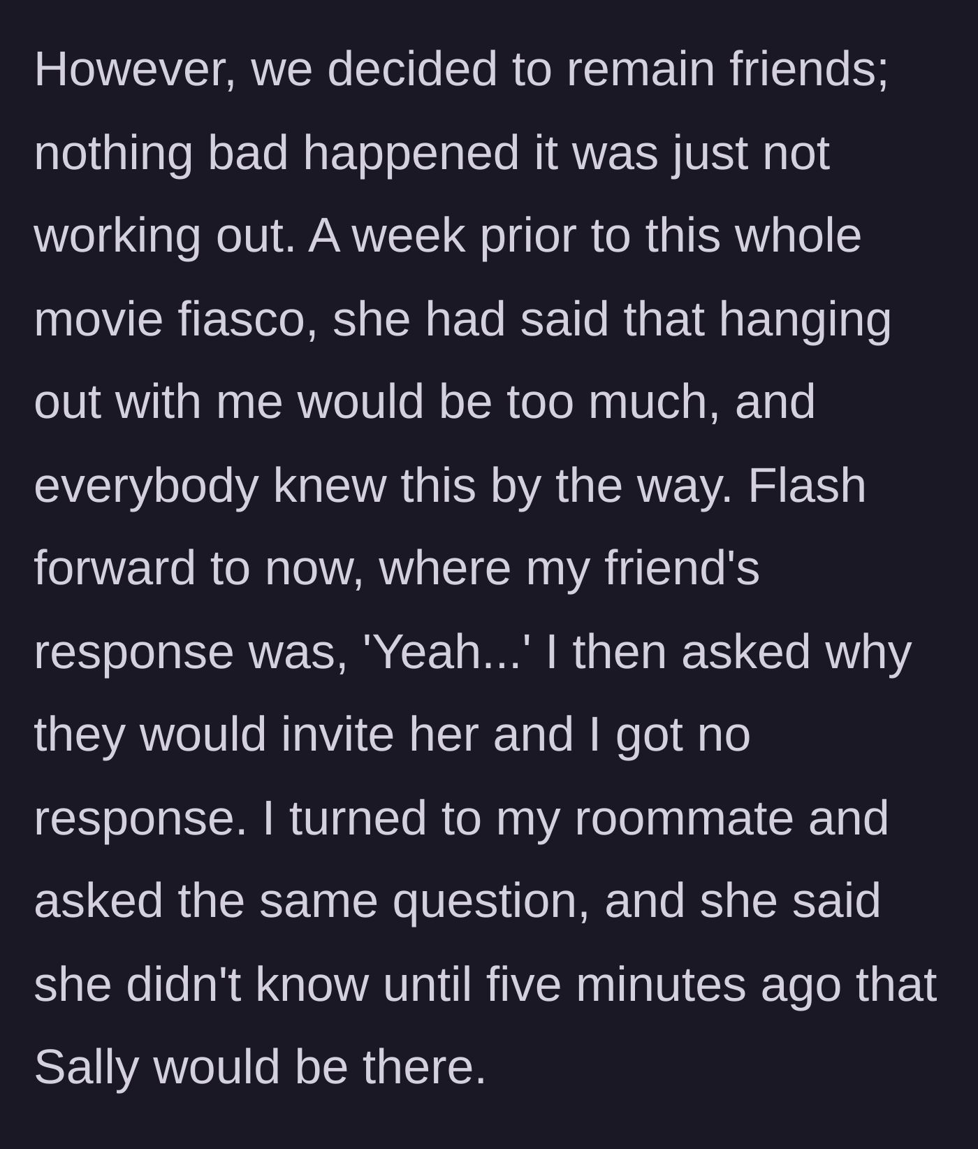 Story part 4 - Friends confirming the ex is coming, despite the group knowing the ex recently asked for space.