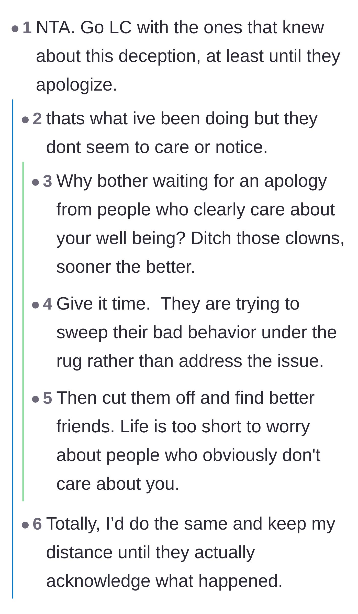 Comment thread 1 - Advice on going low contact with the friends who planned the deception.