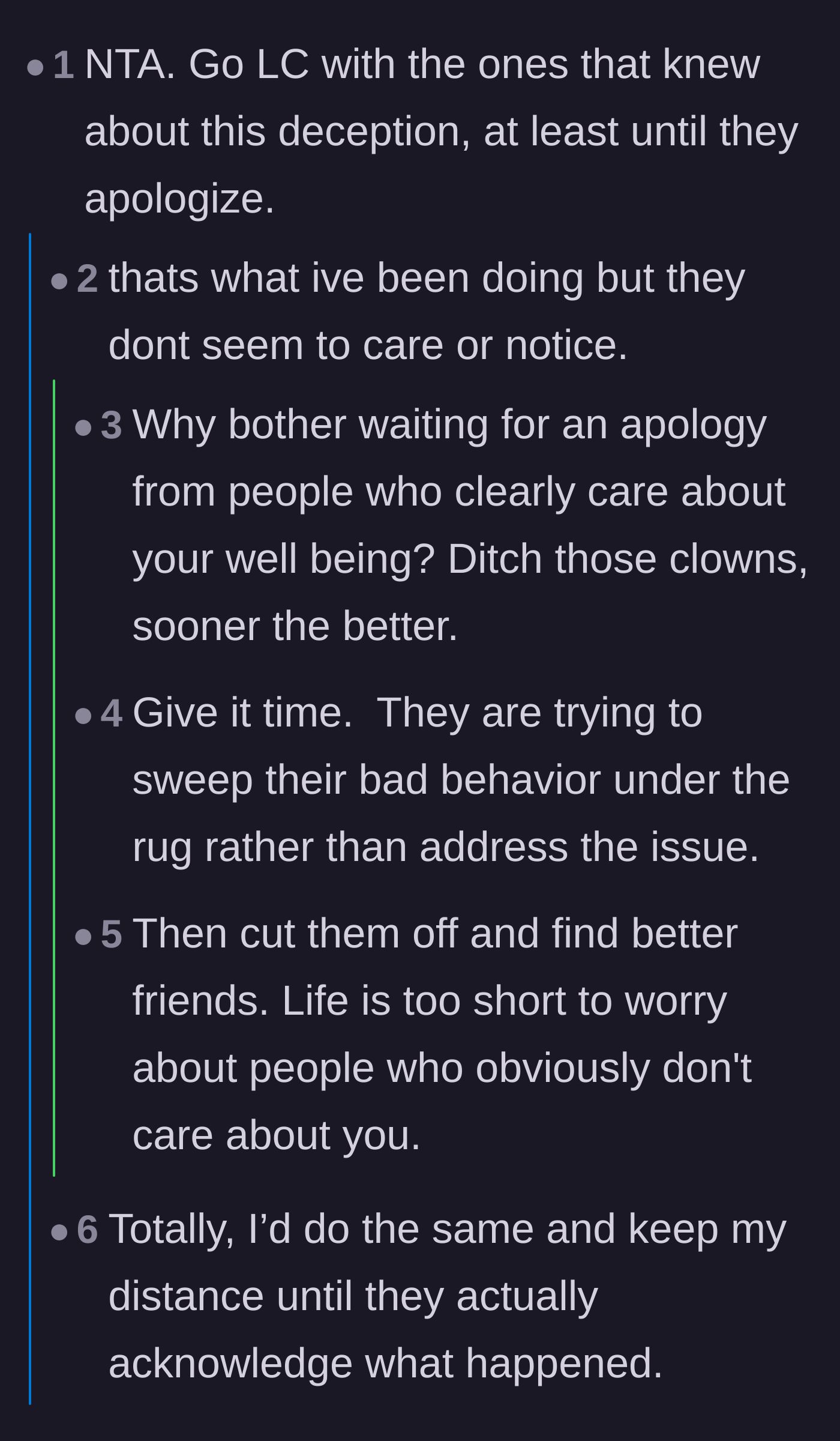 Comment thread 1 - Advice on going low contact with the friends who planned the deception.
