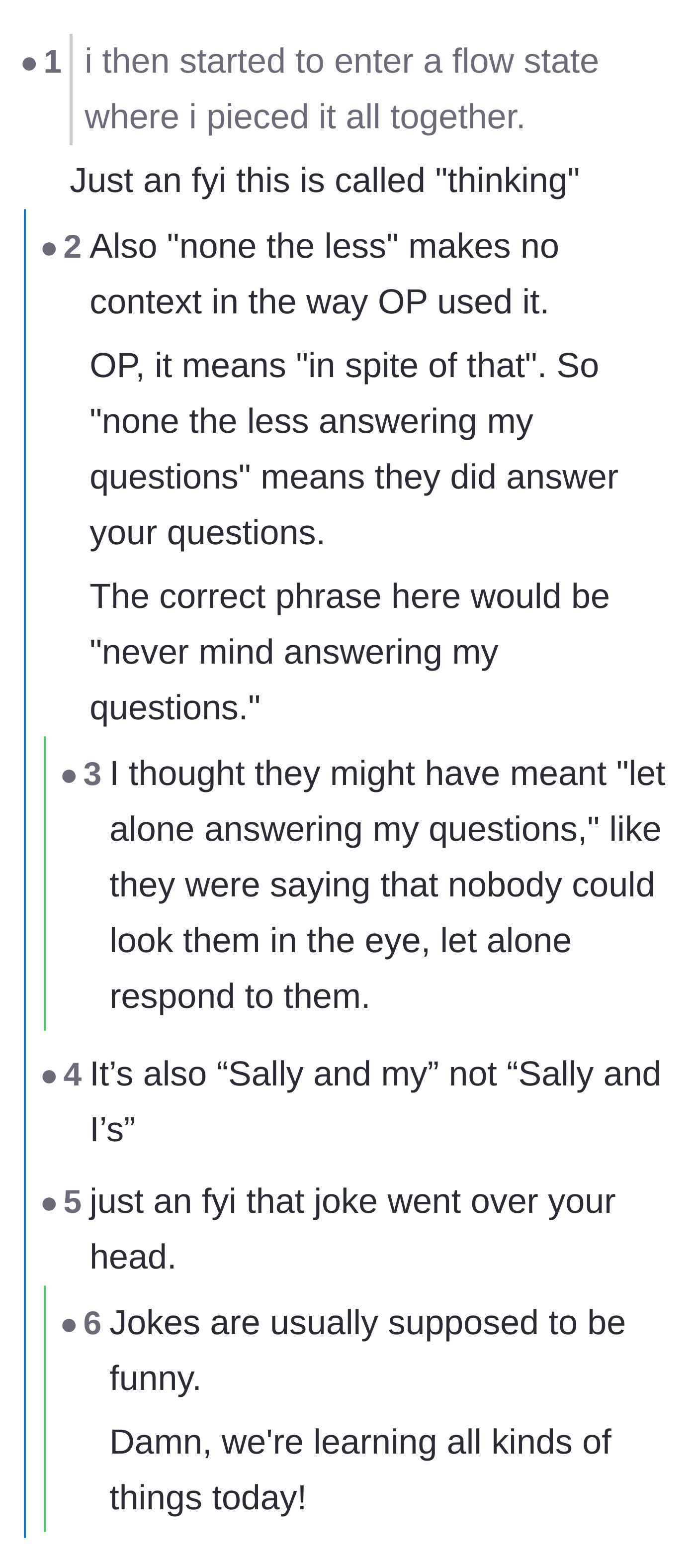 Comment thread 2 - Readers criticizing the author's grammar and use of the phrase 'flow state.'