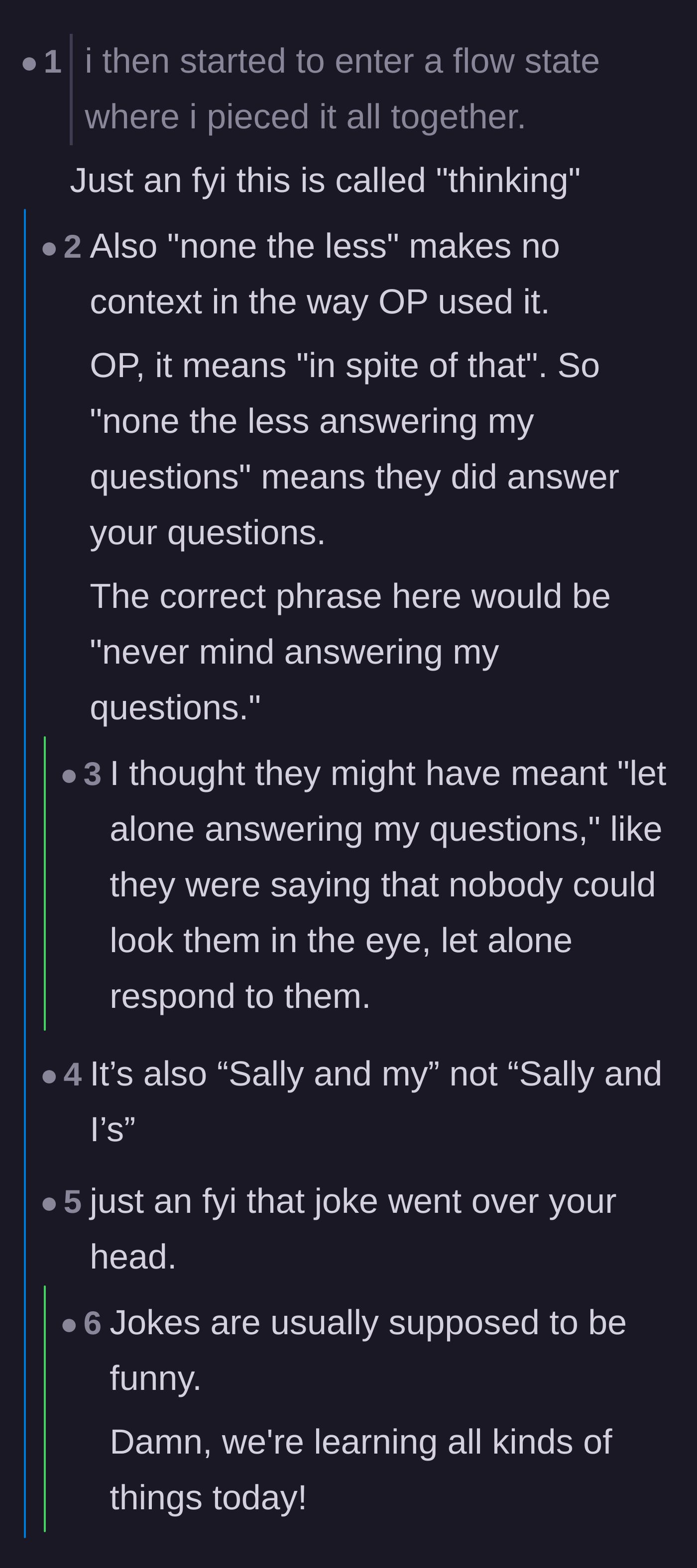 Comment thread 2 - Readers criticizing the author's grammar and use of the phrase 'flow state.'
