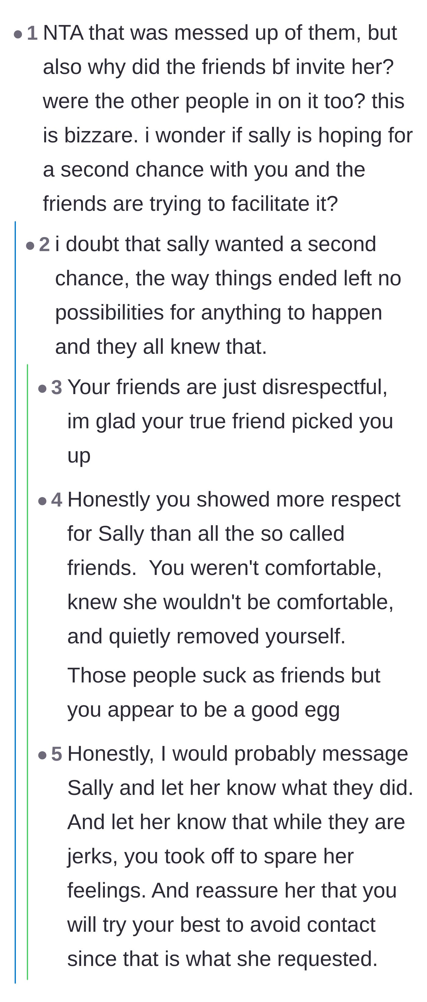 Comment thread 3 - Discussion about whether the friends were trying to force a reunion, praising the author's respect for their ex.