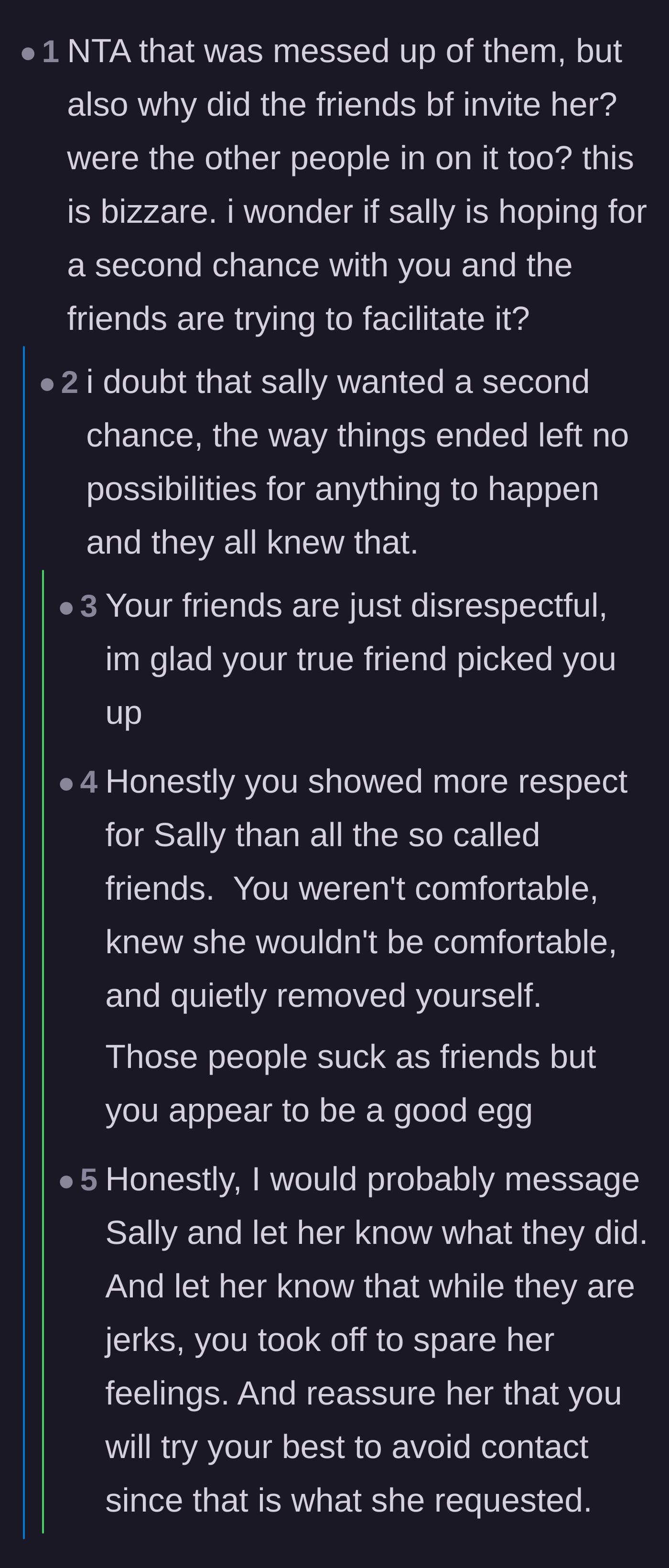 Comment thread 3 - Discussion about whether the friends were trying to force a reunion, praising the author's respect for their ex.