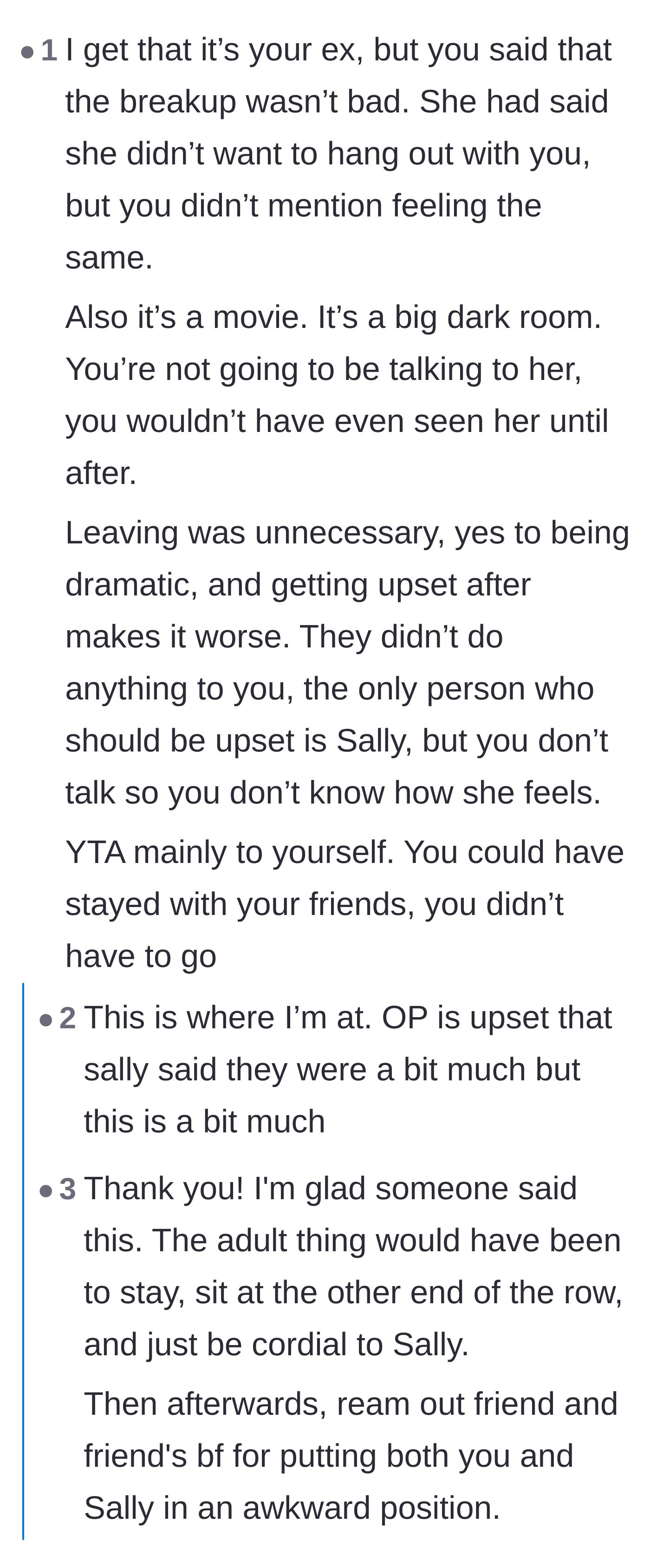 Comment thread 5 - A debate over whether the author overreacted by leaving the movie theater instead of staying and ignoring the ex.