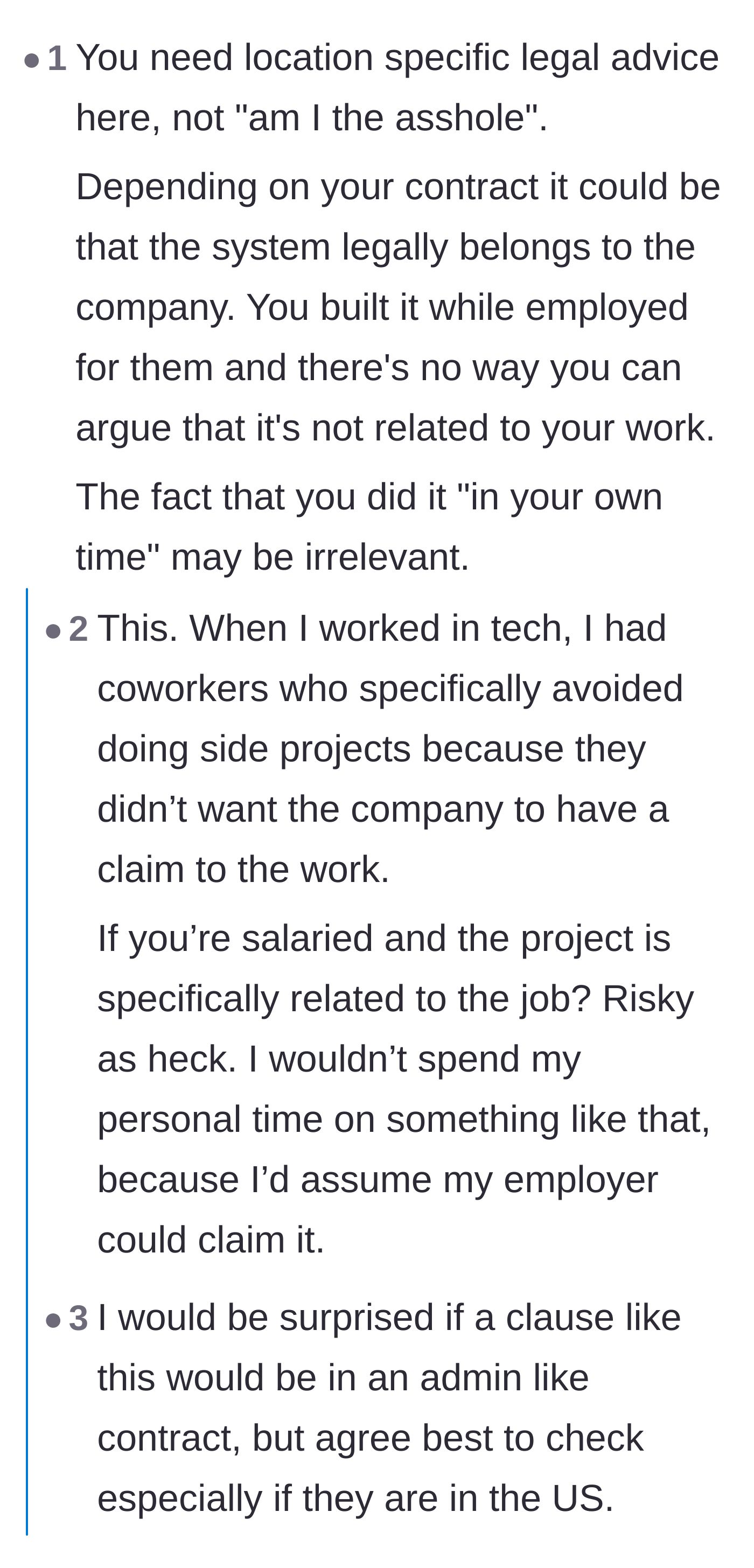 Comment thread discussing the legal risks of building work-related side projects and joking about self-destruct code.