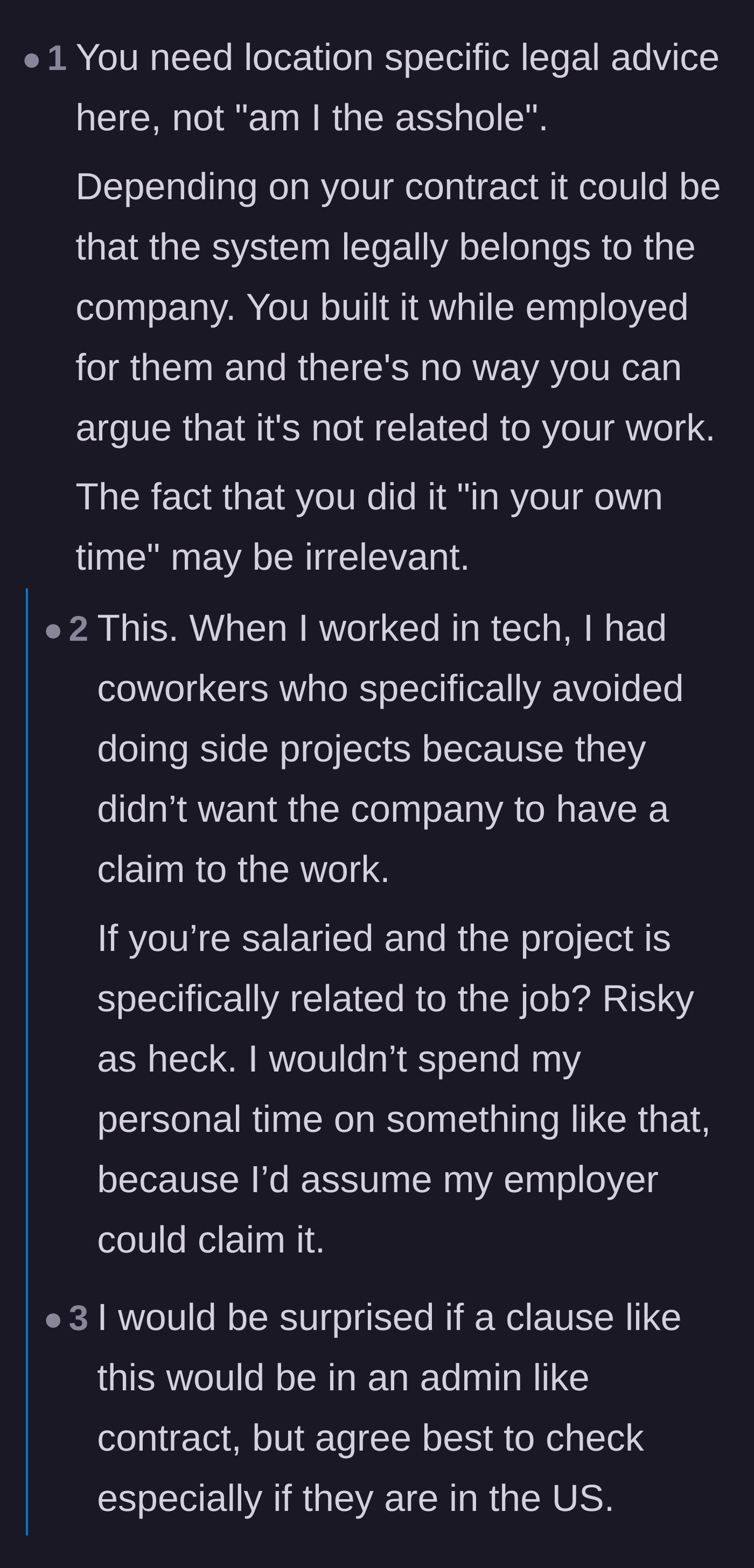 Comment thread discussing the legal risks of building work-related side projects and joking about self-destruct code.
