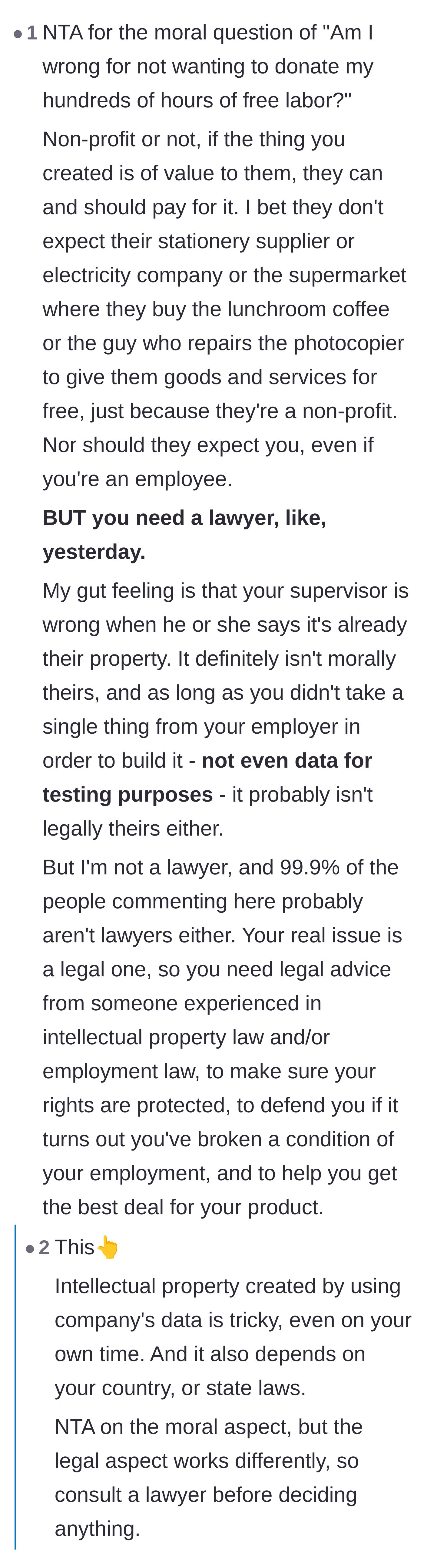 A commenter pointing out that nonprofits pay for other goods and services, so they should pay for this software too, while urging her to get a lawyer.