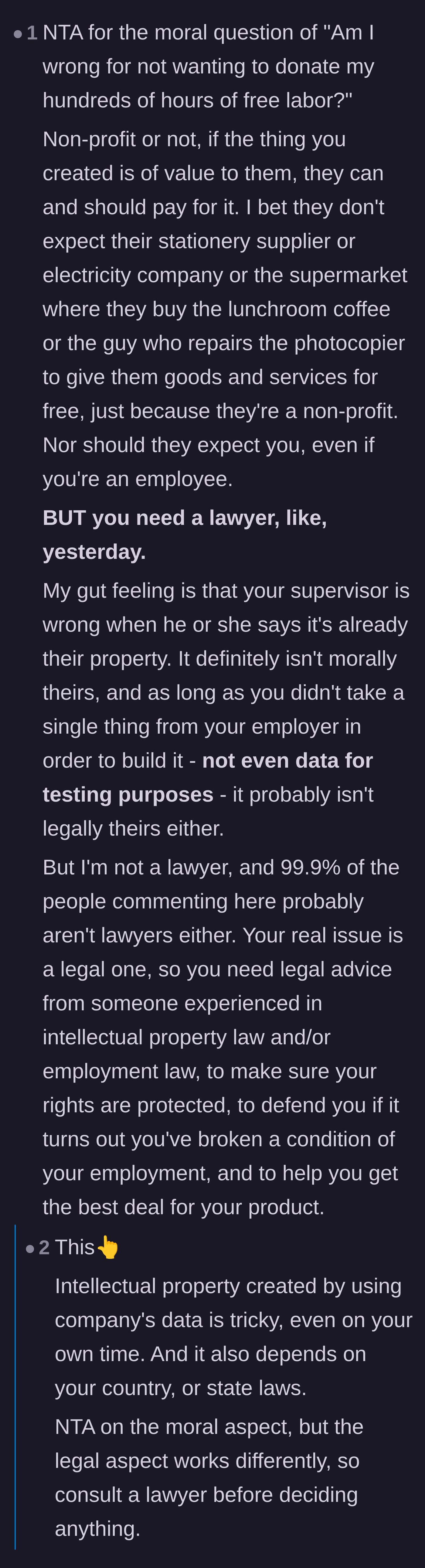 A commenter pointing out that nonprofits pay for other goods and services, so they should pay for this software too, while urging her to get a lawyer.