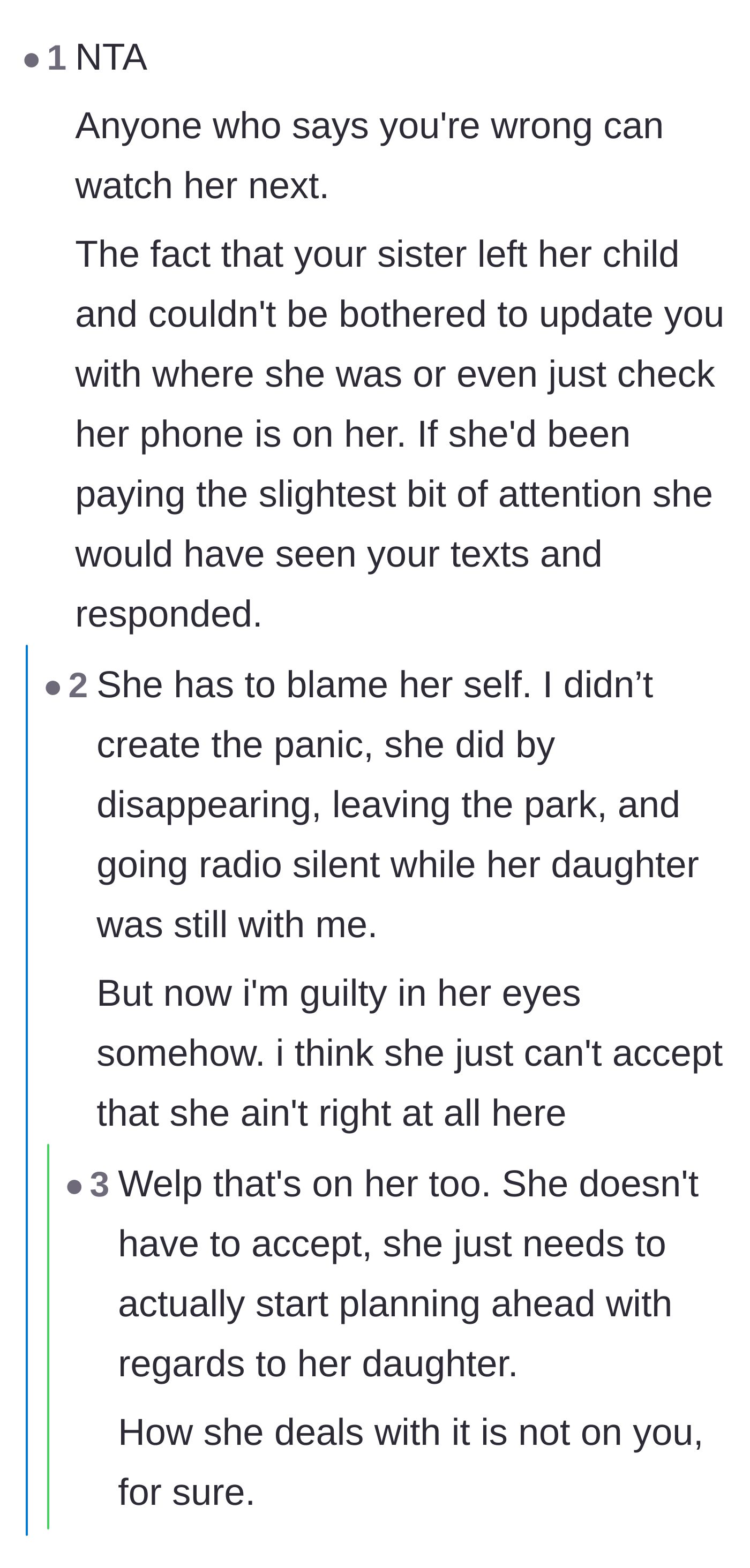 Comment thread 2 - Advice on holding the sister accountable and refusing to accept the blame for the mother's radio silence.