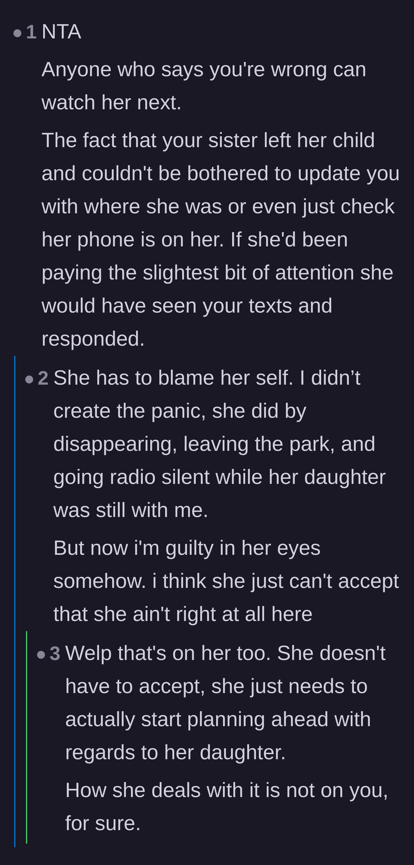 Comment thread 2 - Advice on holding the sister accountable and refusing to accept the blame for the mother's radio silence.