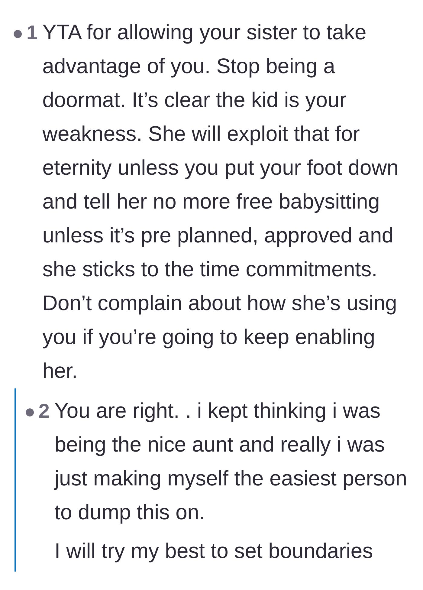 Comment thread 4 - A harsh reality check pointing out that the aunt's kindness is being actively exploited by her family.