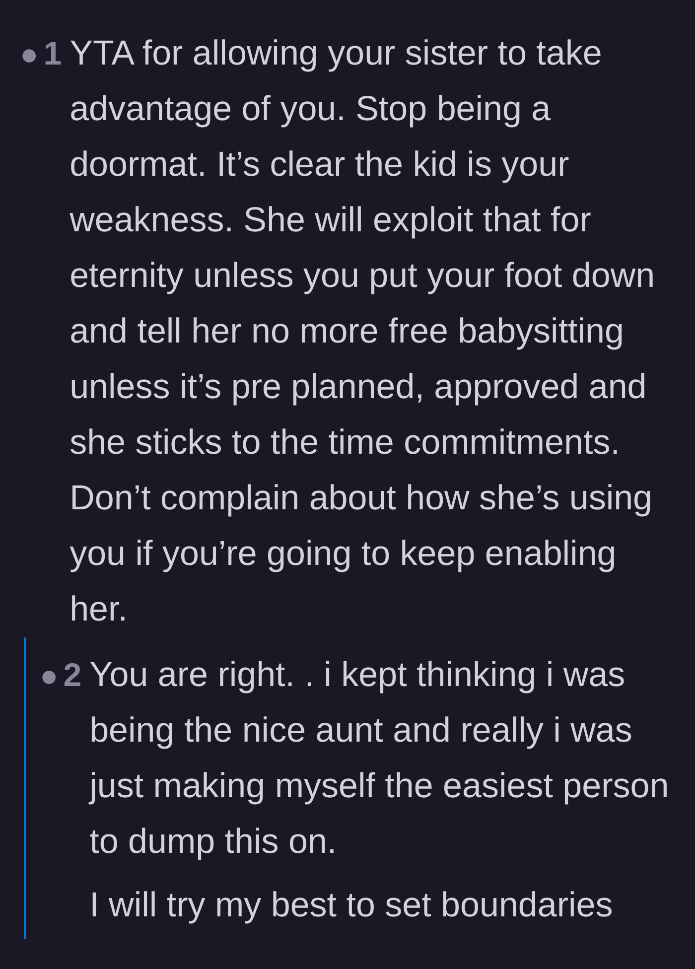 Comment thread 4 - A harsh reality check pointing out that the aunt's kindness is being actively exploited by her family.