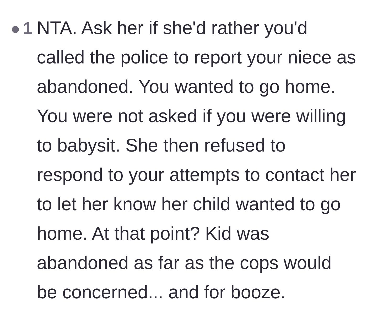 Comment thread 5 - A bold suggestion to remind the sister that she technically abandoned her child and could have had the police called on her.