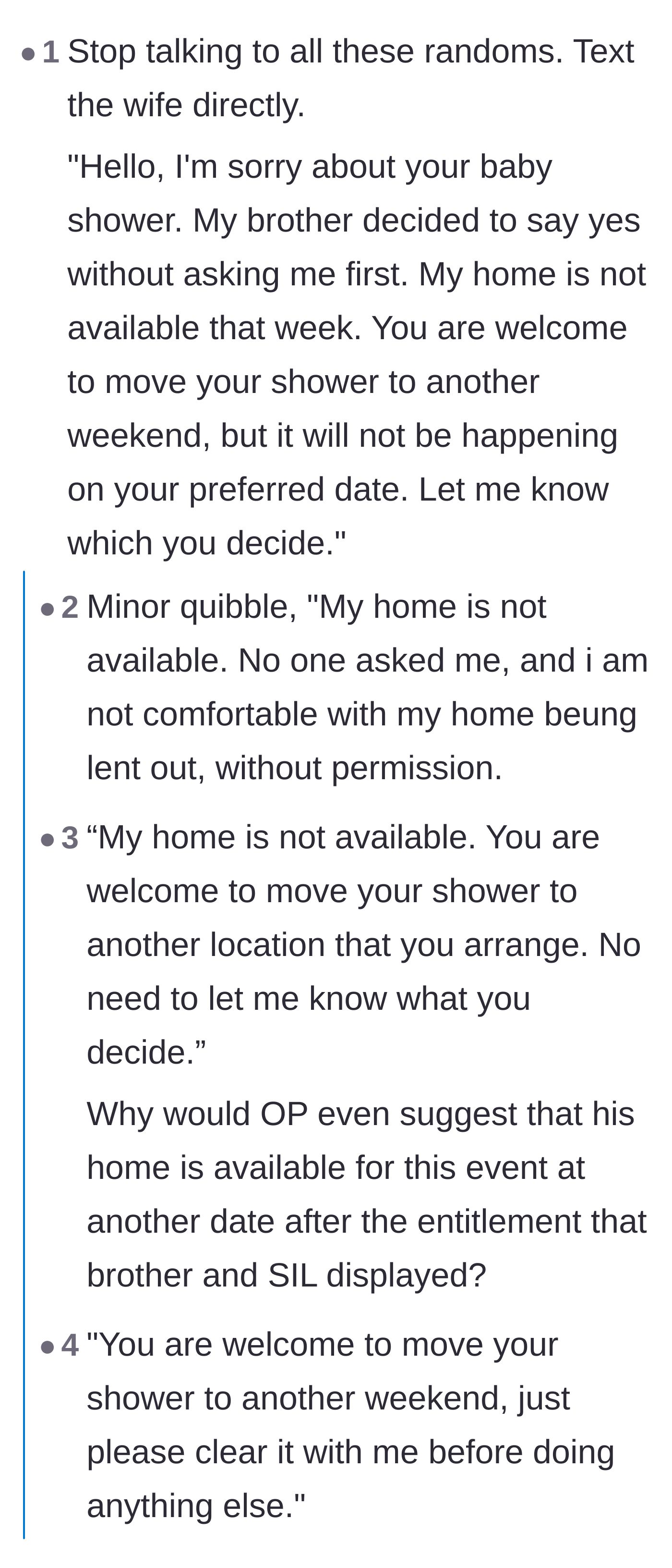 Comment thread 1 - Advice on texting the sister-in-law directly to shut down the party without offering an alternate date.