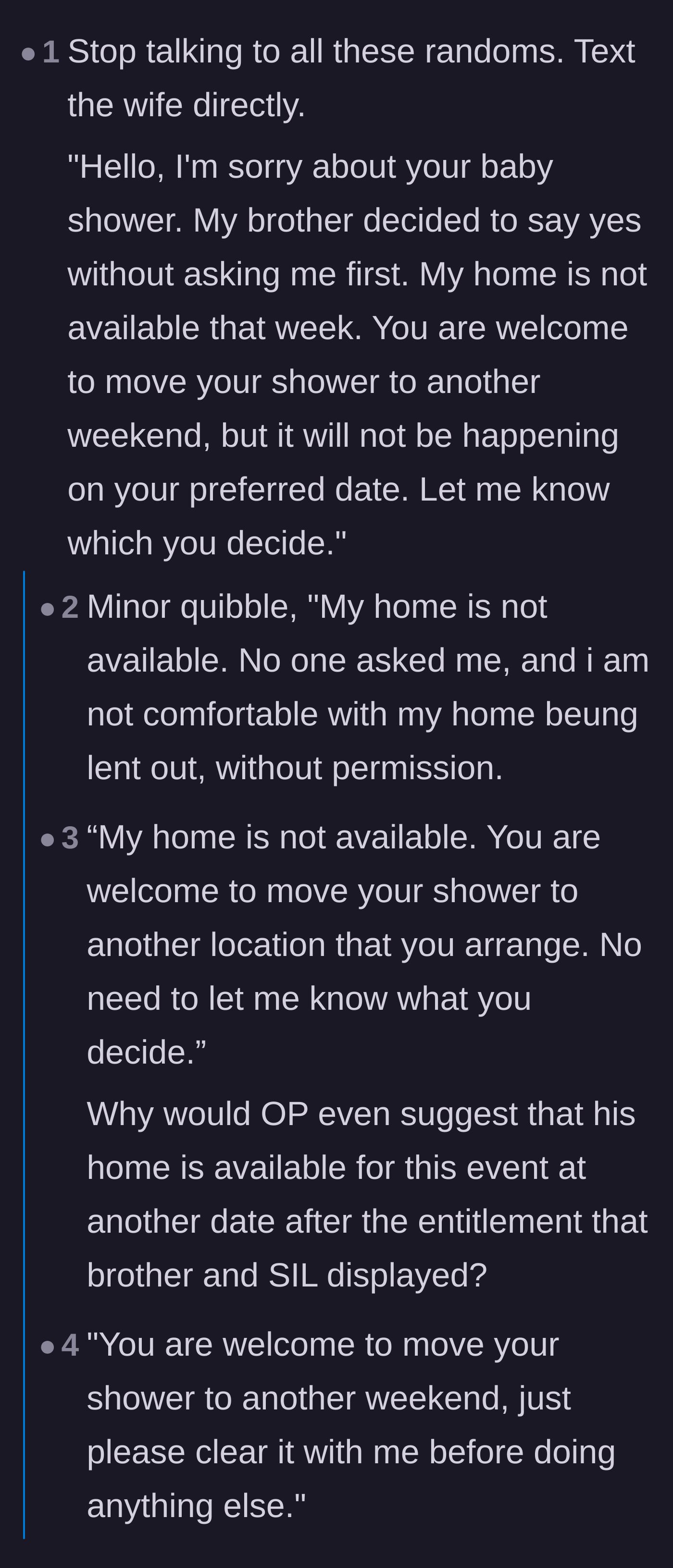 Comment thread 1 - Advice on texting the sister-in-law directly to shut down the party without offering an alternate date.