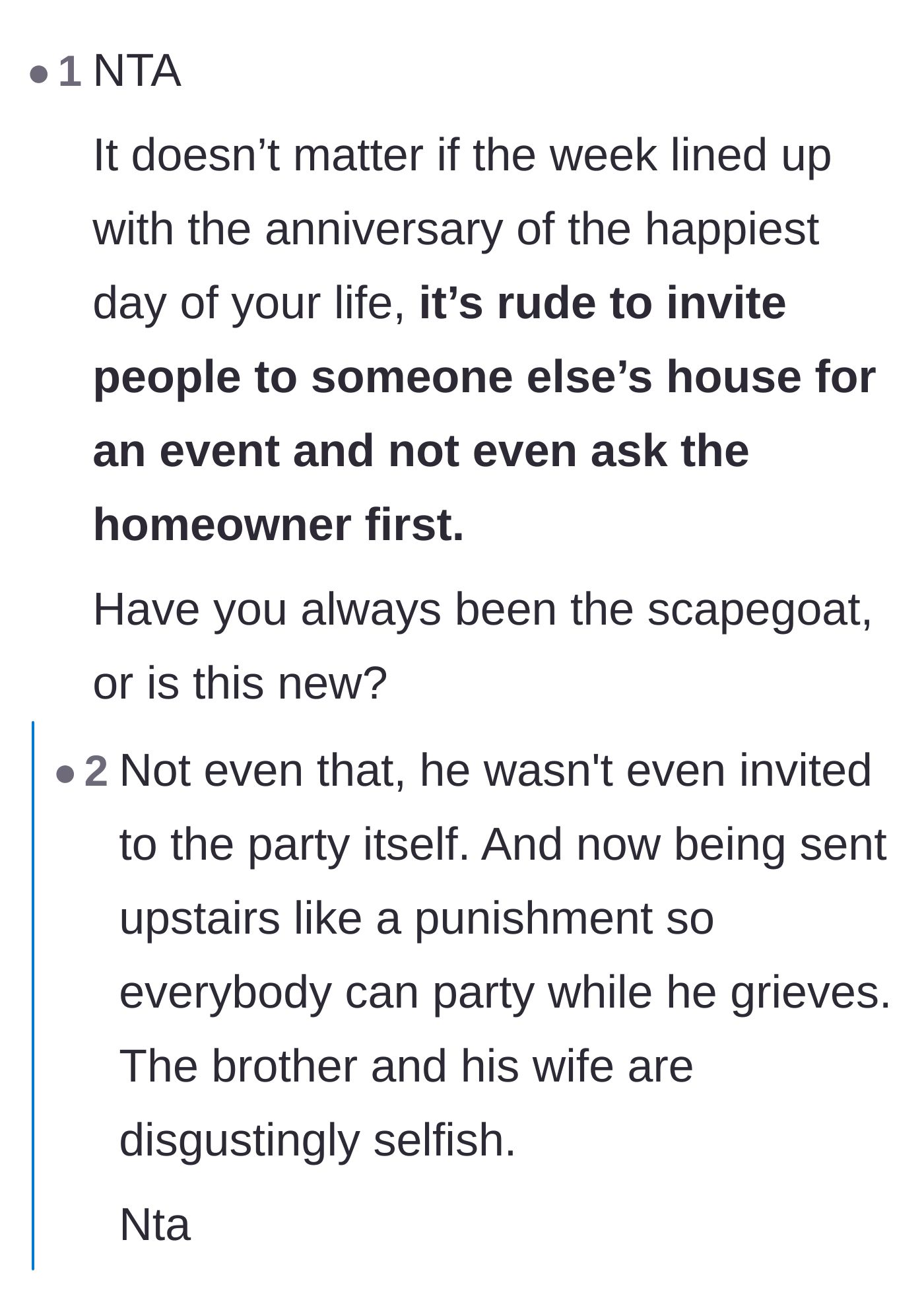 Comment thread 4 - Discussing how rude it is to hijack a home regardless of the grief anniversary, and questioning the family dynamic.