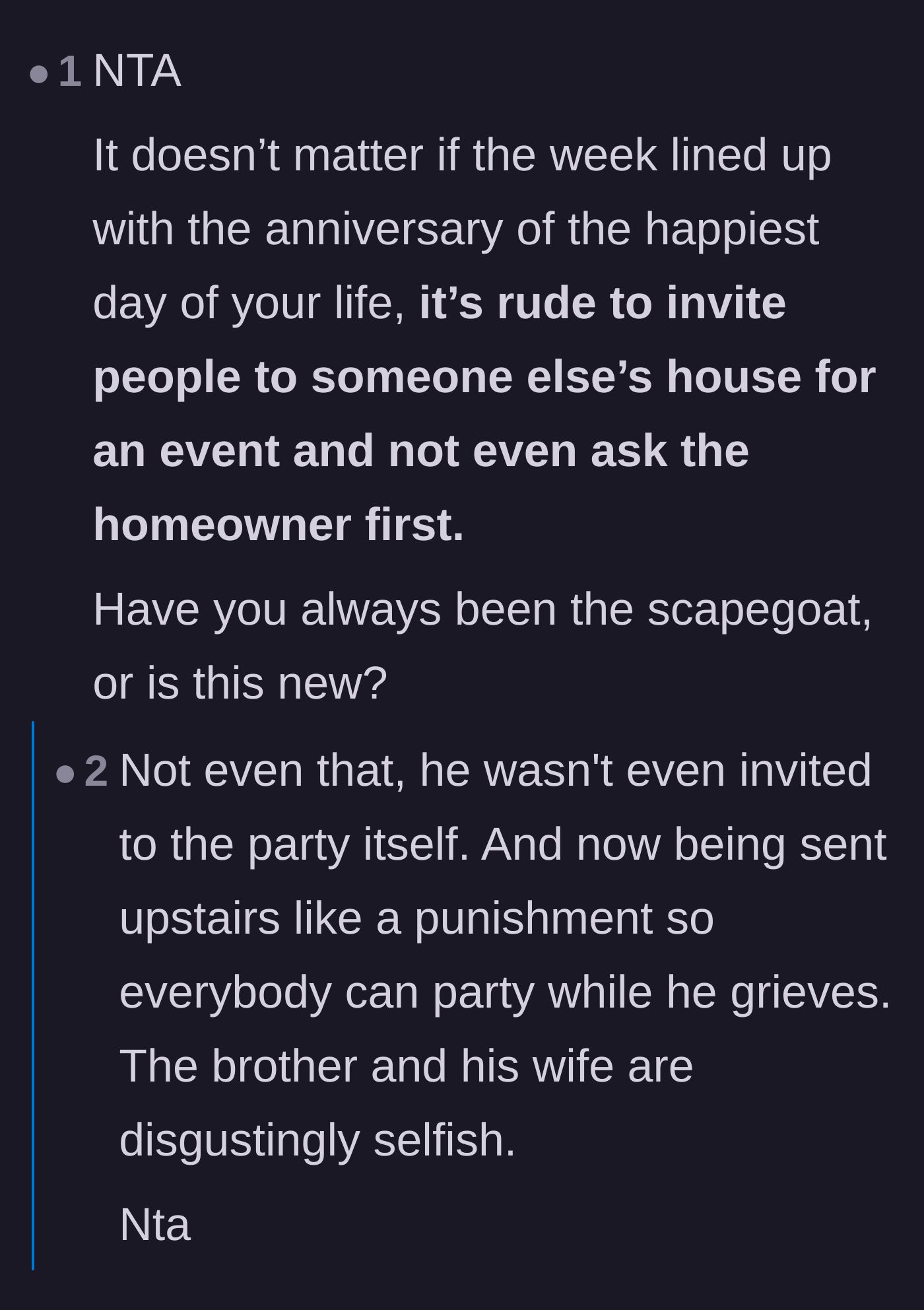 Comment thread 4 - Discussing how rude it is to hijack a home regardless of the grief anniversary, and questioning the family dynamic.