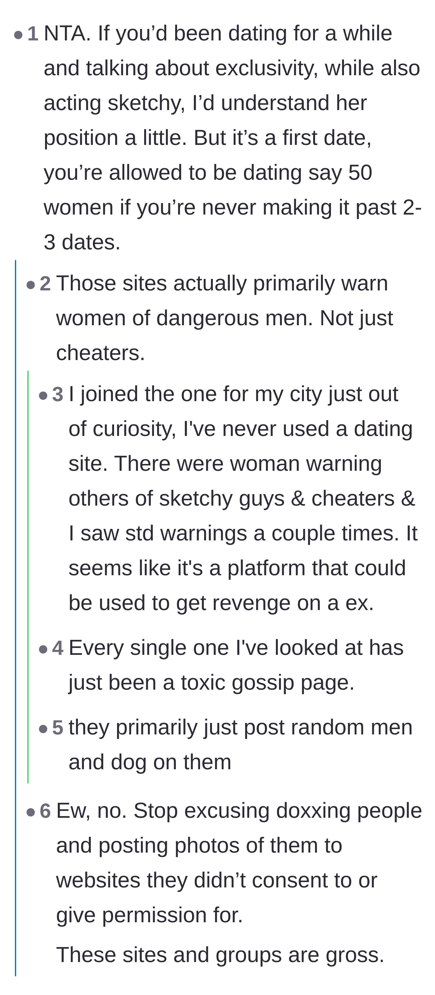 Comment thread 1 - Debate over whether posting someone before a first date is doxxing or a necessary safety measure