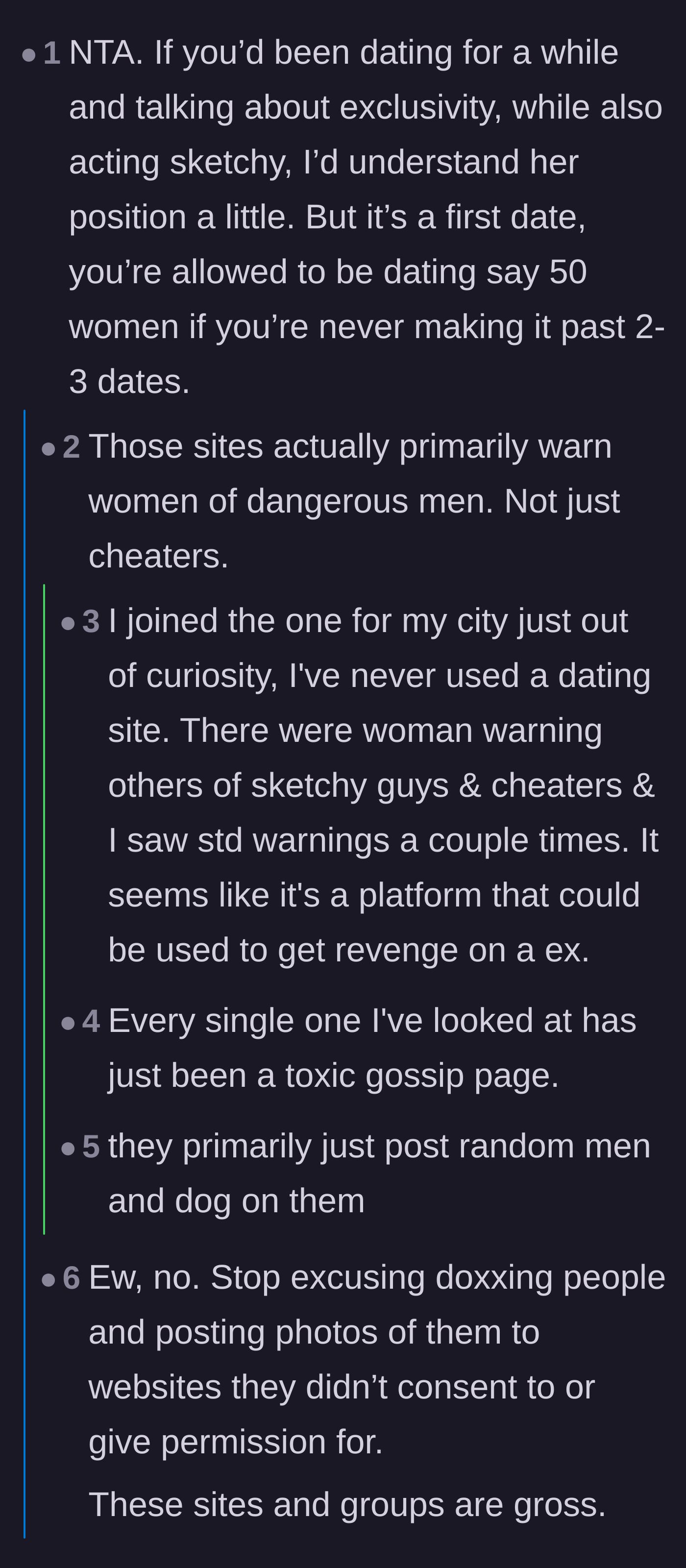 Comment thread 1 - Debate over whether posting someone before a first date is doxxing or a necessary safety measure