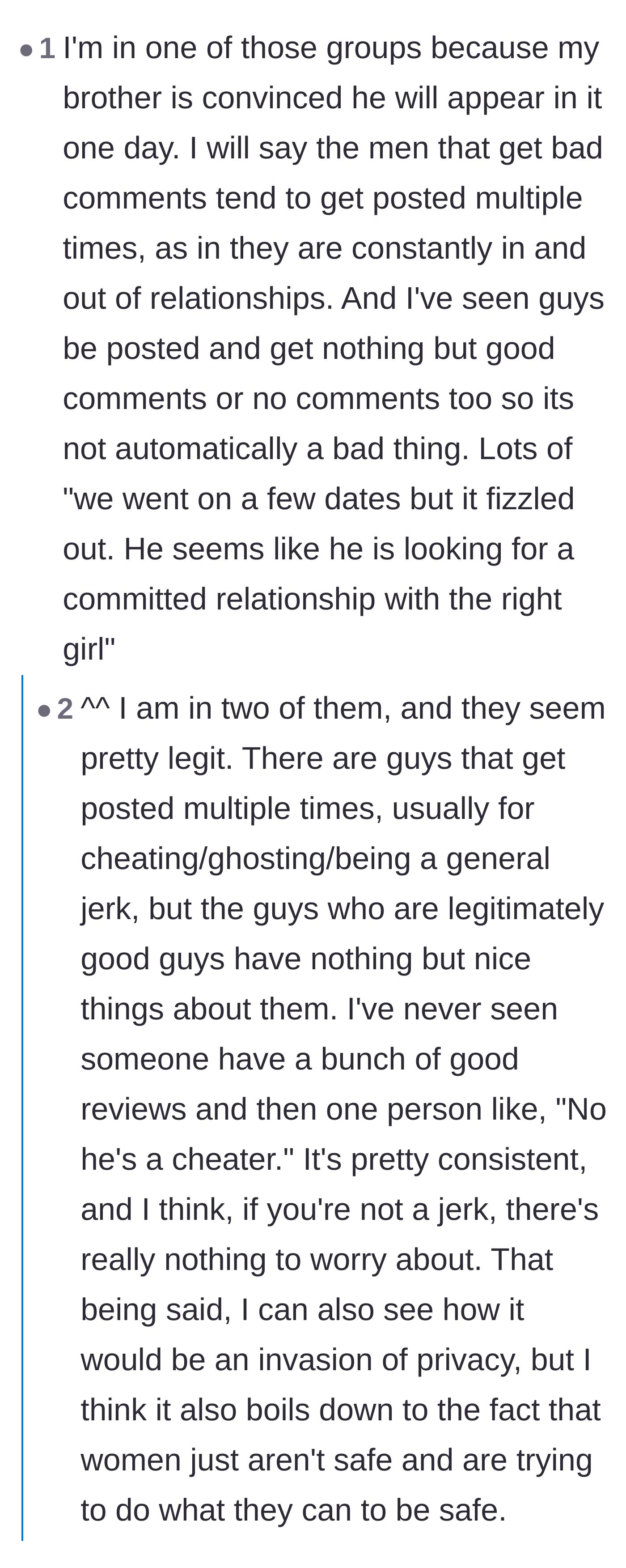 Comment thread 5 - Users defending the groups by comparing them to a review system where good men get positive feedback