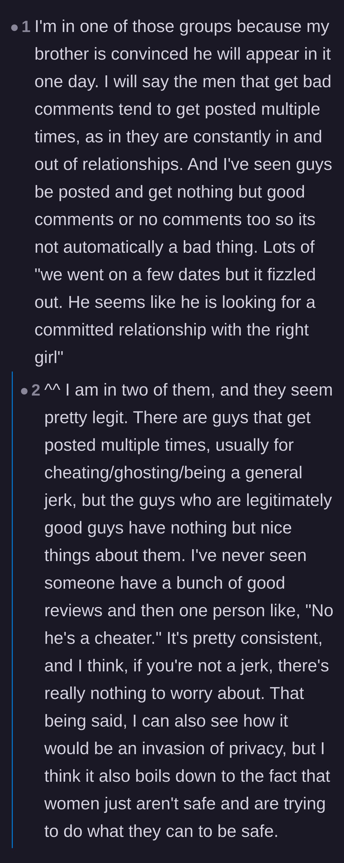 Comment thread 5 - Users defending the groups by comparing them to a review system where good men get positive feedback